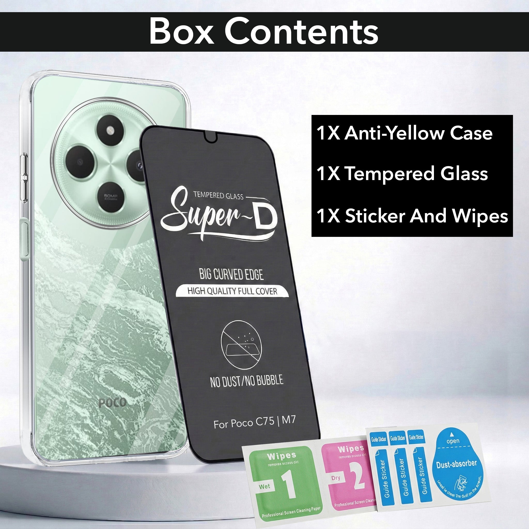 For Poco C75 | Poco M7 Combo with Back Cover and 9H Tempered Glass (Lifetime Anti-Yellow | Sleek Hard Crystal | Oleophobic Coating Screen Glass)