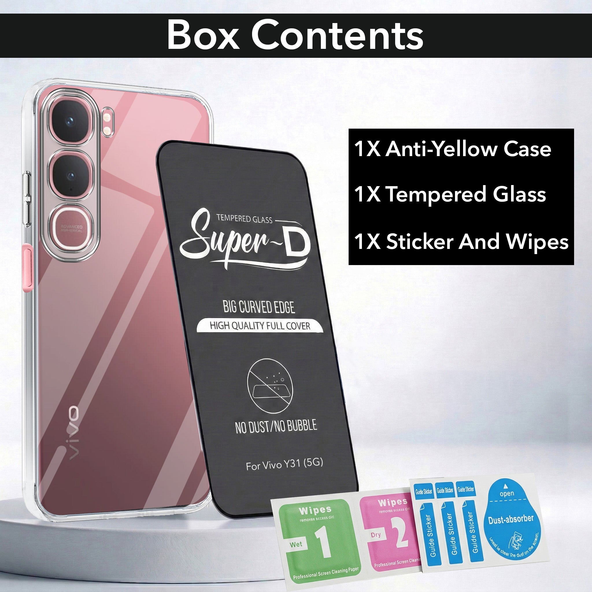 For Vivo Y31 5G Combo with Back Cover and 9H Tempered Glass (Lifetime Anti-Yellow | Sleek Hard Crystal | Oleophobic Coating Screen Glass)