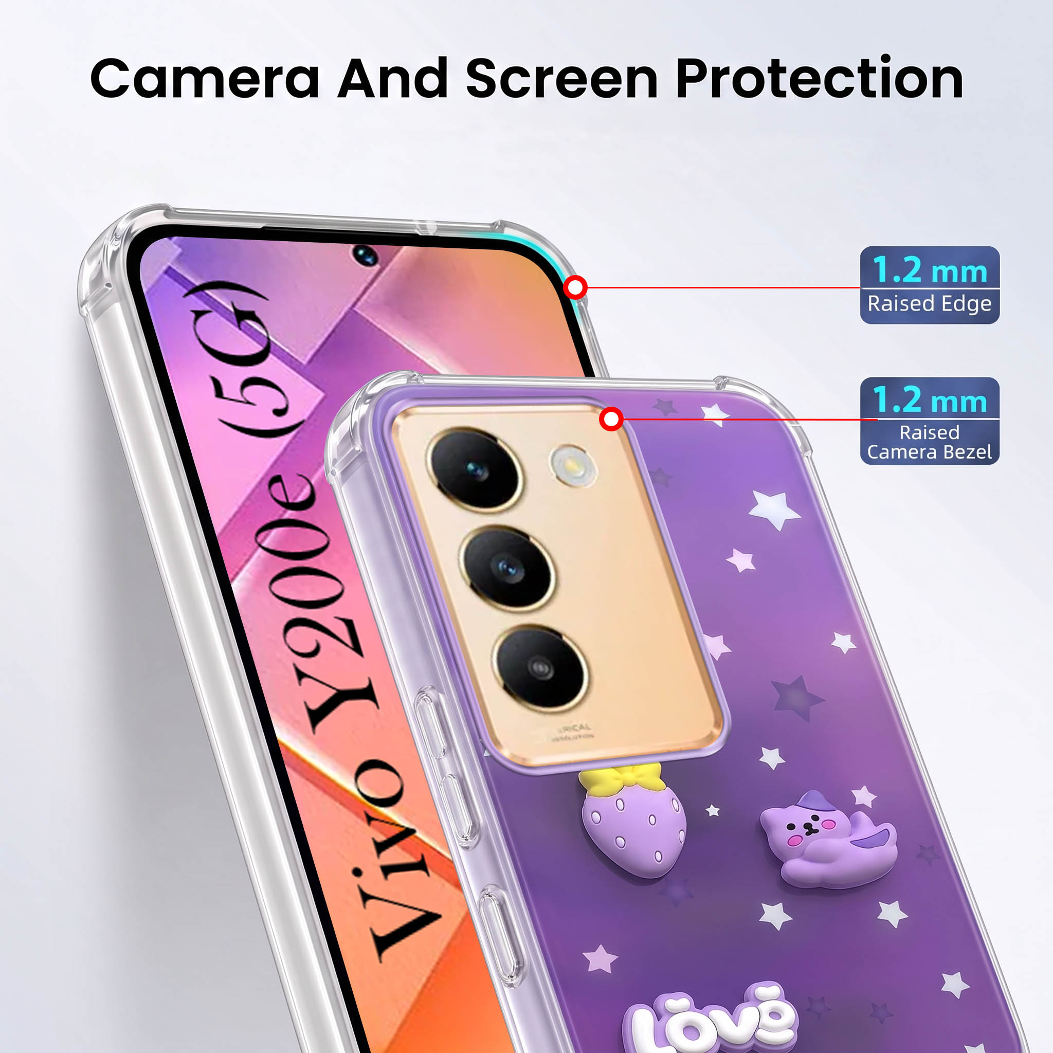 For Vivo Y200e Back Cover Case (3D Cute Cartoons | Hard Back Side Soft | Matte Premium Finish | HD Printing)