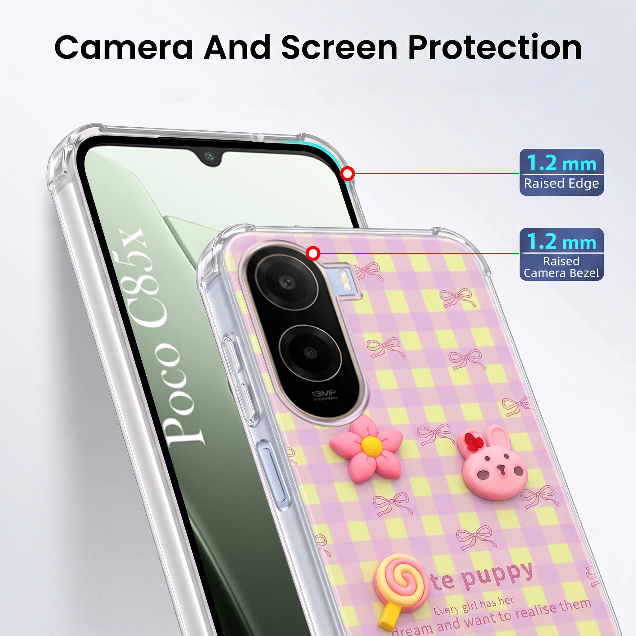 For Poco C85x 5G Back Cover Case (3D Cute Cartoons | Hard Back Side Soft | Matte Premium Finish | HD Printing)
