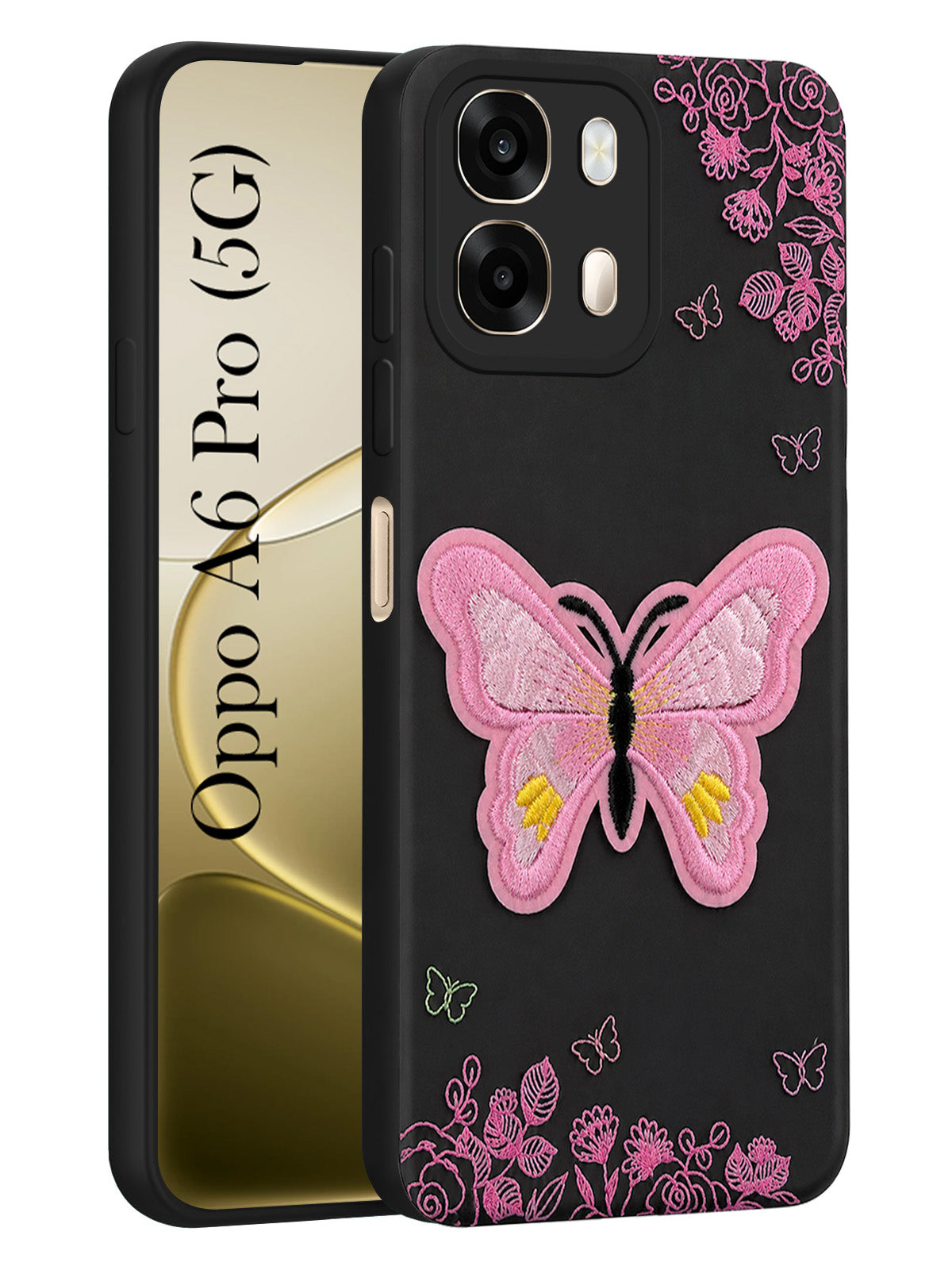 For Oppo A6 Pro Back Cover Case (Soft Butterfly Embroidery | Women Teen Girls | Camera Protection| Matte Silicone)