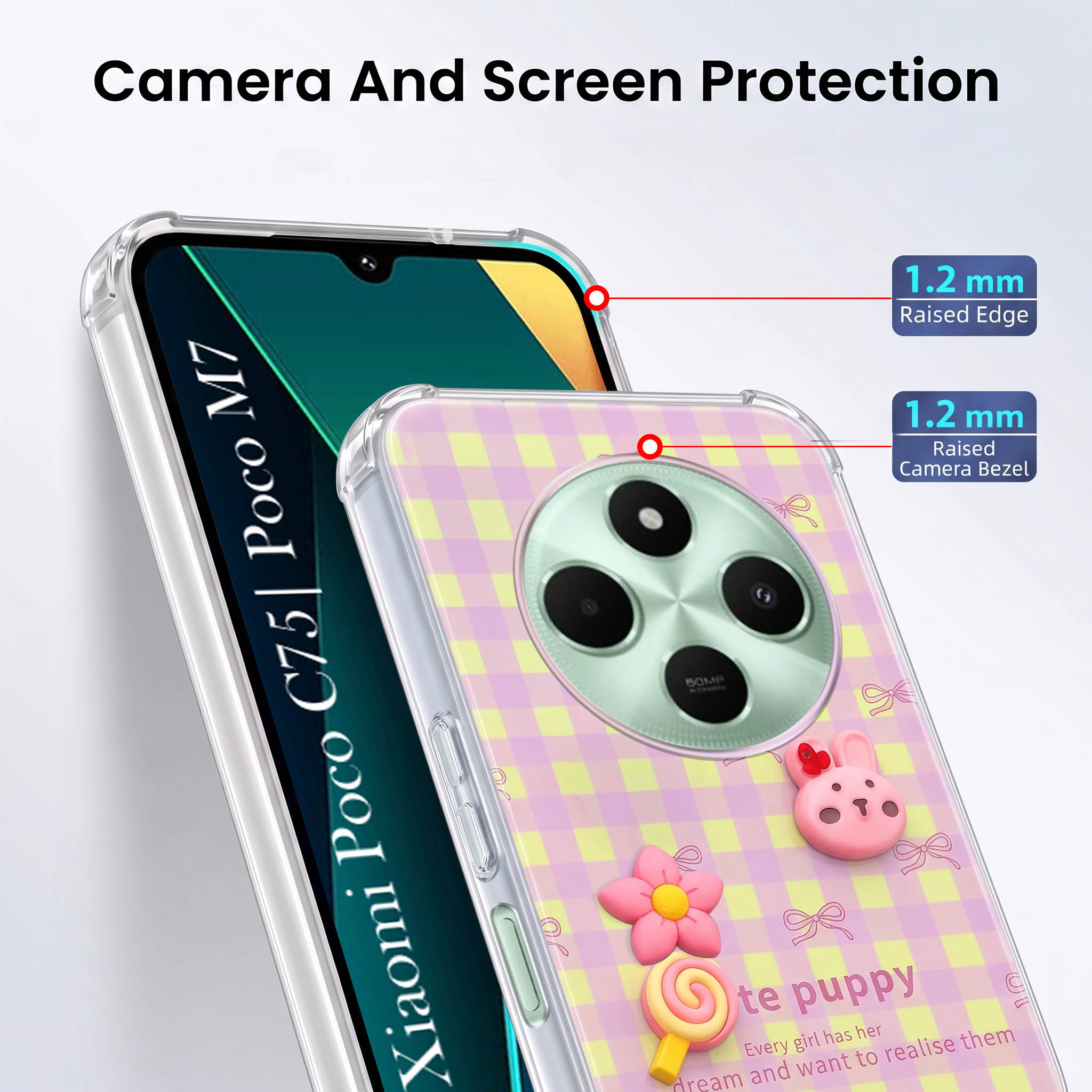 For Poco C75 | Poco M7 Back Cover Case (3D Cute Cartoons | Hard Back Side Soft | Matte Premium Finish | HD Printing)