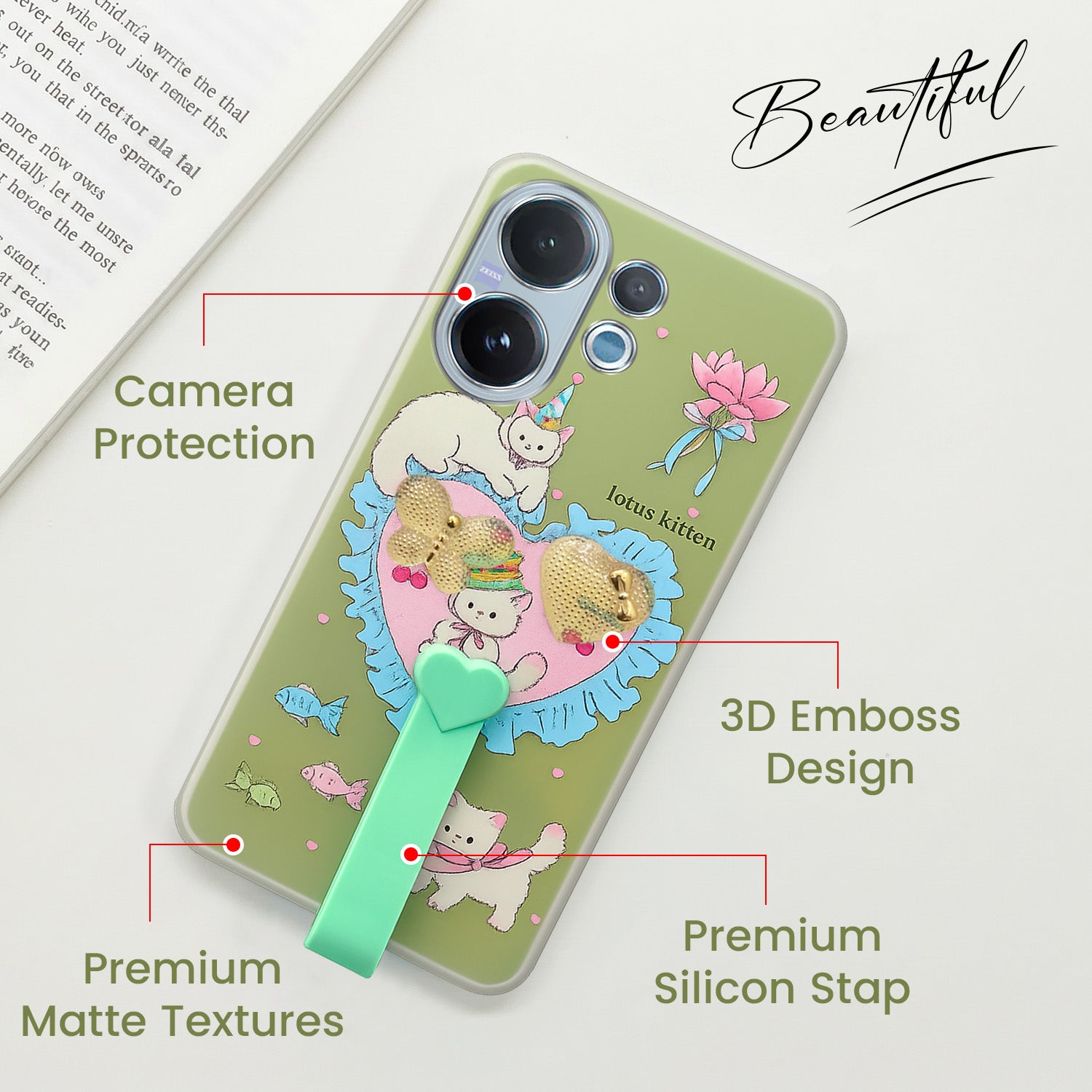 For Vivo V60 | Vivo T4 Pro Back Cover Case (3D Cute Heart Strap Holder | Camera Protection | Designer Girls Print)