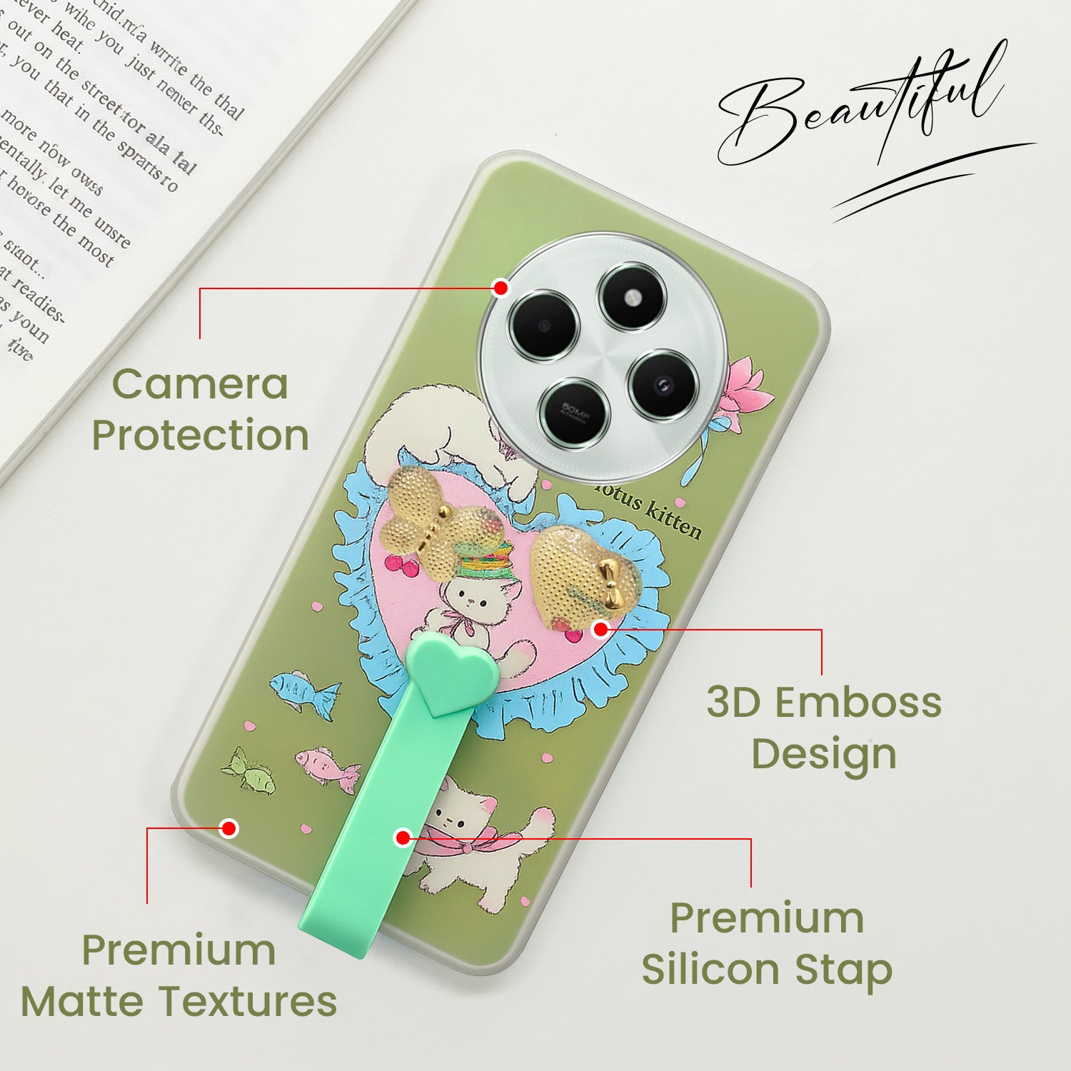 For Poco C75 | Poco M7 Back Cover Case (3D Cute Heart Strap Holder | Camera Protection | Designer Girls Print)