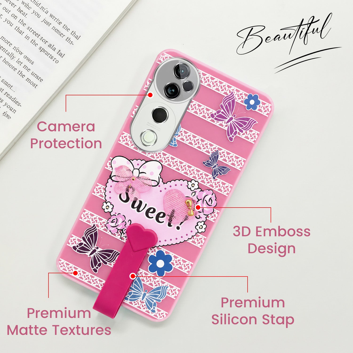 For Vivo T3 Ultra Back Cover Case (3D Cute Heart Strap Holder | Camera Protection | Designer Girls Print)