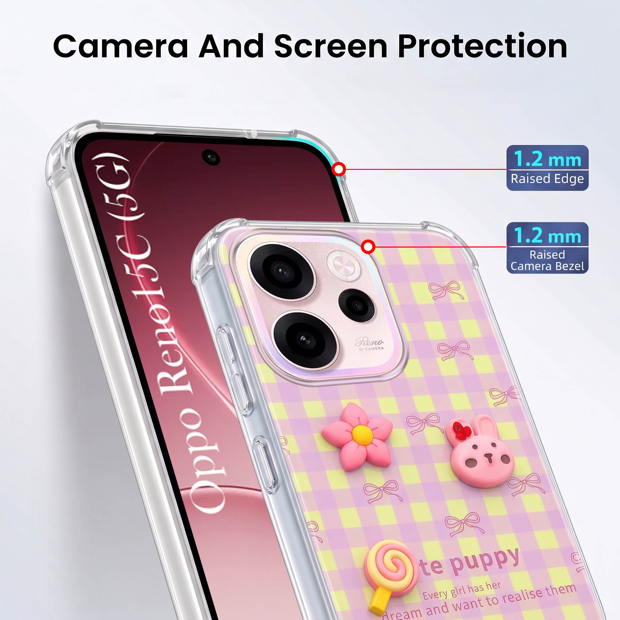 For Oppo Reno 15c Back Cover Case (3D Cute Cartoons | Hard Back Side Soft | Matte Premium Finish | HD Printing)