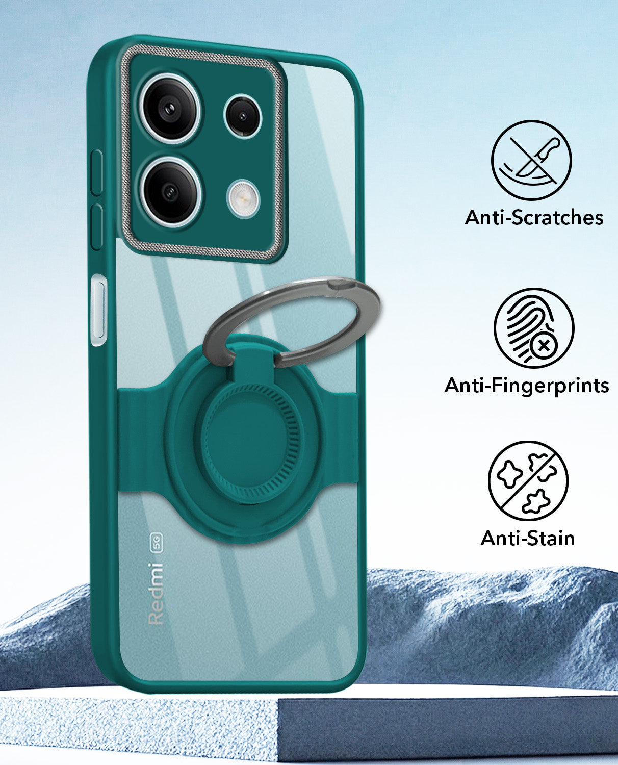 For Xiaomi Redmi Note 13 5G Back Cover Case with stand (Built-in Ring Holder Kickstand | Lifetime Anti Yellow | Camera Protection)
