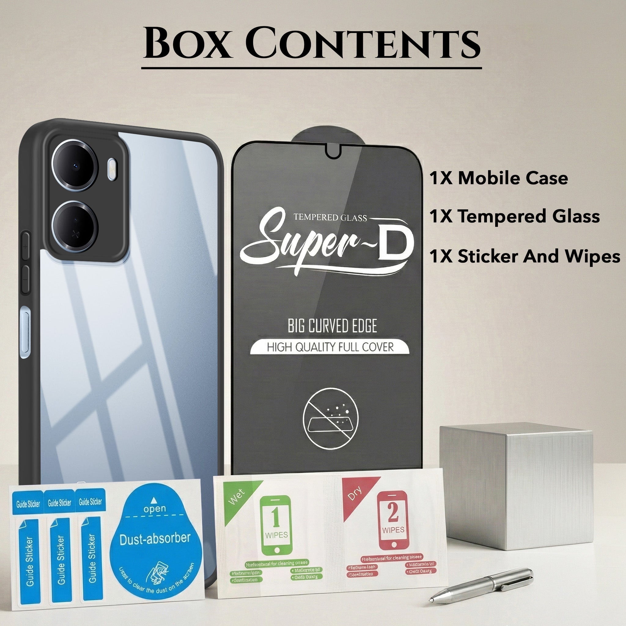 For Redmi 15A 5G Combo with Back Cover and 9H Tempered Glass (Lifetime Anti-Yellow | Crystal Clear Shockproof | Oleophobic Coating Screen Glass)