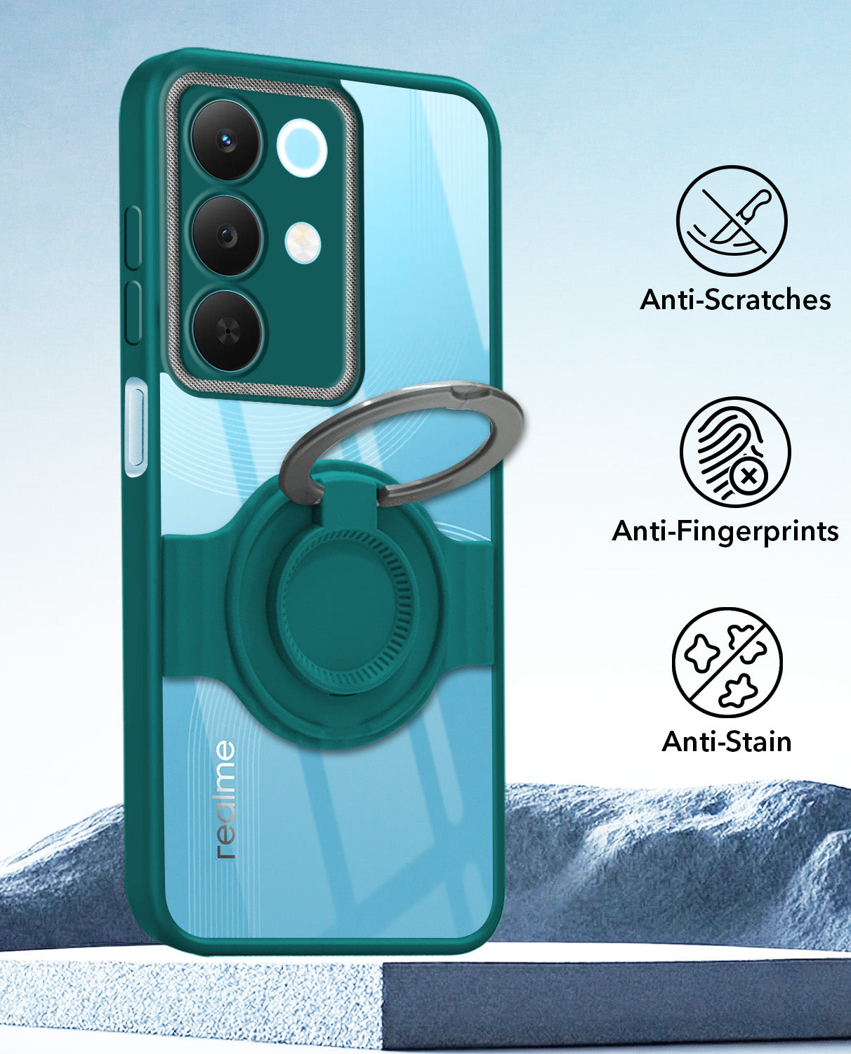 For Realme 15X Back Cover Case with stand (Built-in Ring Holder Kickstand | Lifetime Anti Yellow | Camera Protection)