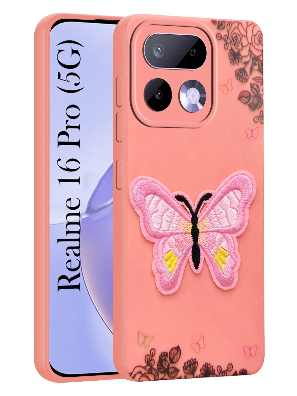 For Realme 16 Pro Back Cover Case (Soft Butterfly Embroidery | Women Teen Girls | Camera Protection| Matte Silicone)