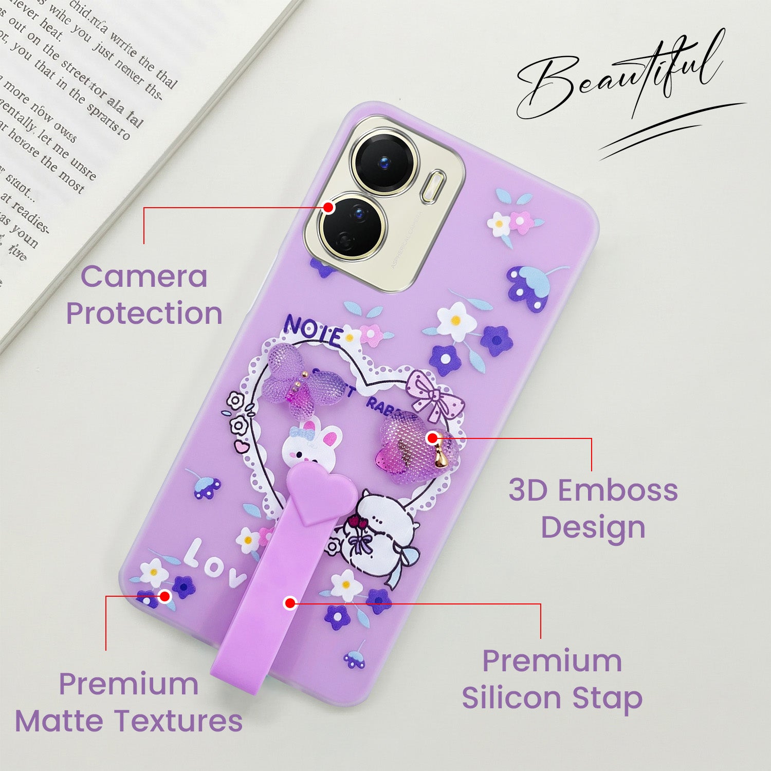 For Vivo Y16 Back Cover Case (3D Cute Heart Strap Holder | Camera Protection | Designer Girls Print)