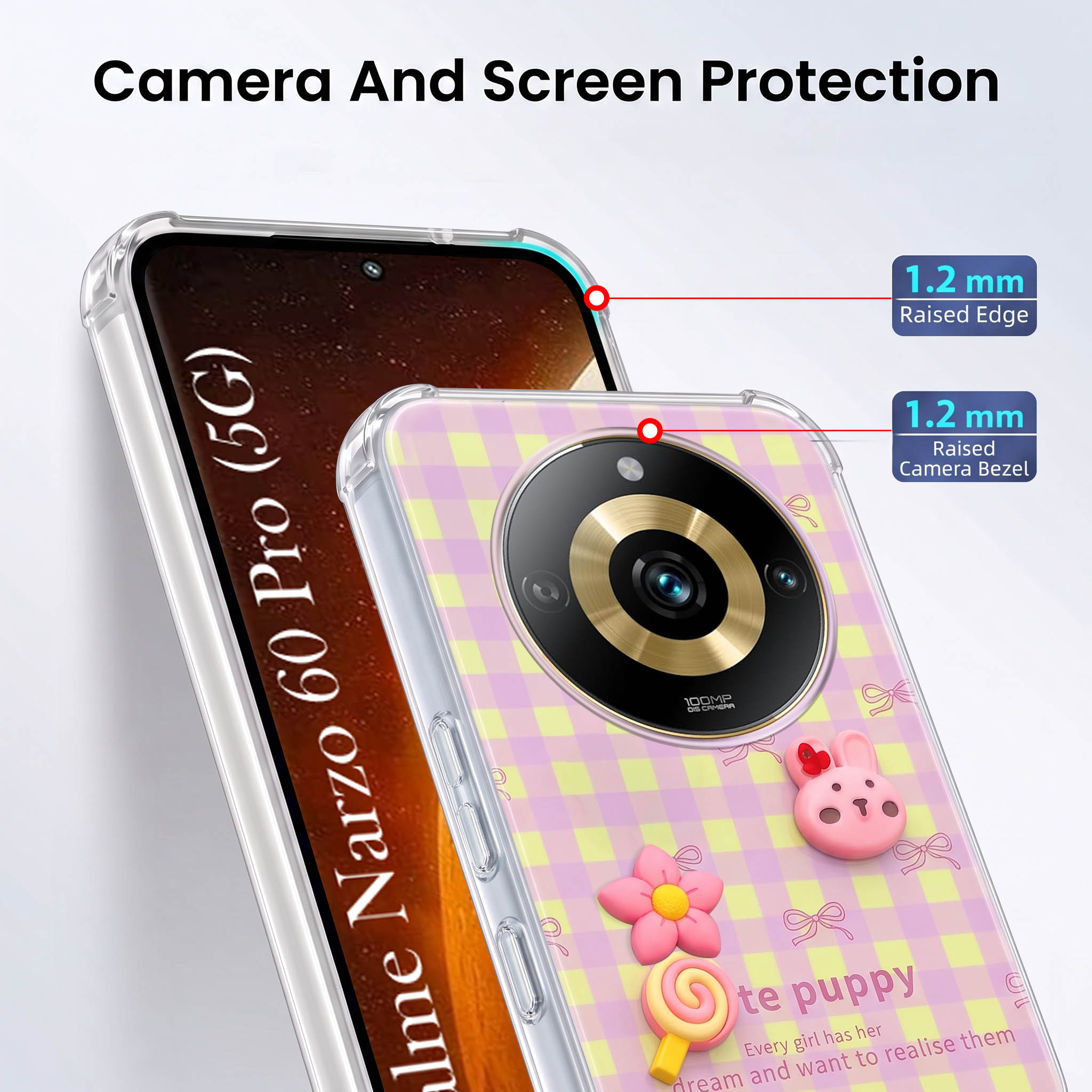 For Realme Narzo 60 Pro Back Cover Case (3D Cute Cartoons | Hard Back Side Soft | Matte Premium Finish | HD Printing)