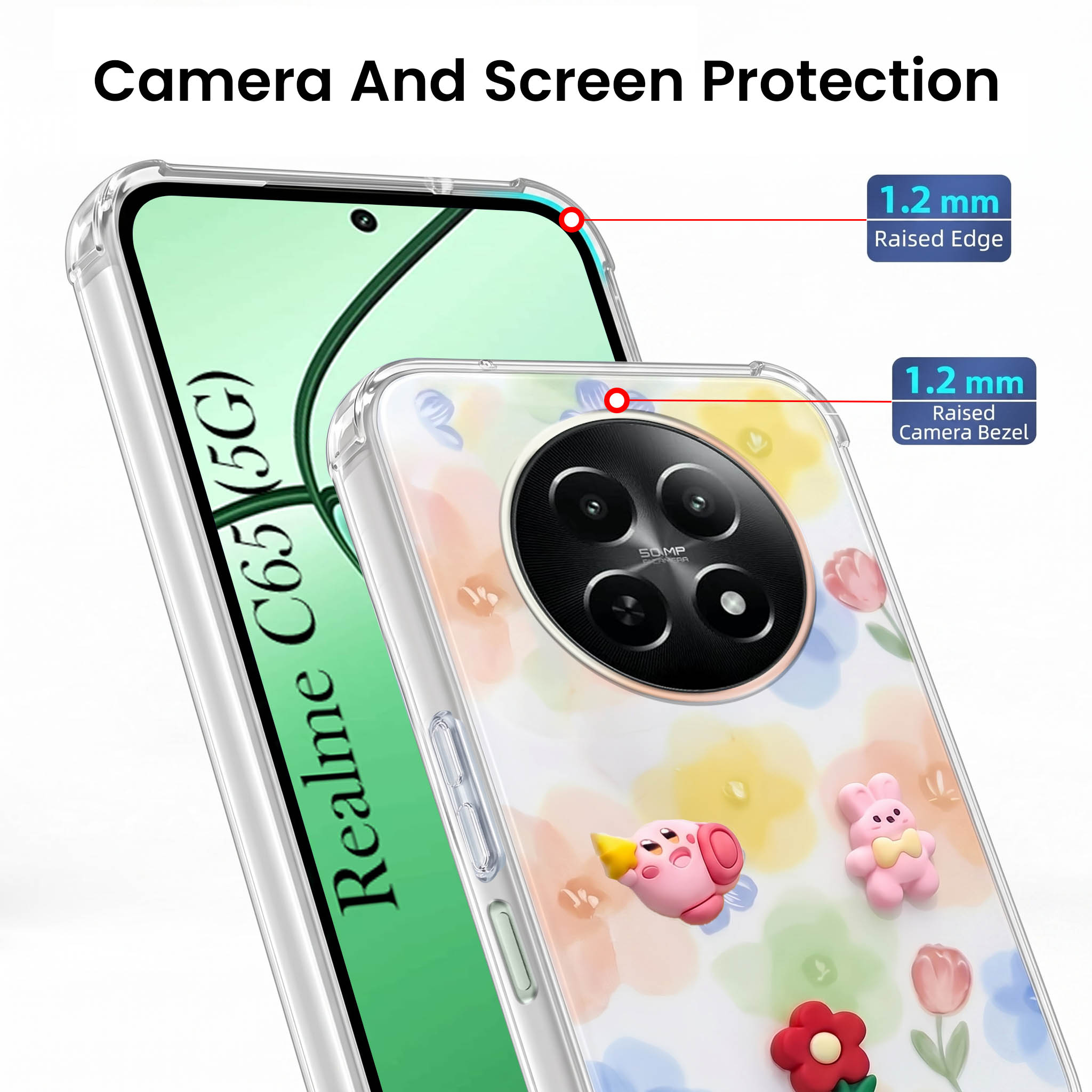 For Realme C65 5G Back Cover Case (3D Cute Cartoons | Hard Back Side Soft | Matte Premium Finish | HD Printing)