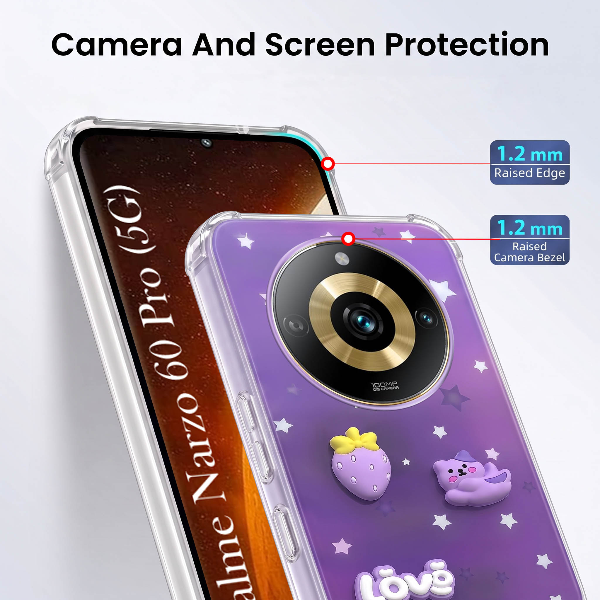 For Realme Narzo 60 Pro Back Cover Case (3D Cute Cartoons | Hard Back Side Soft | Matte Premium Finish | HD Printing)
