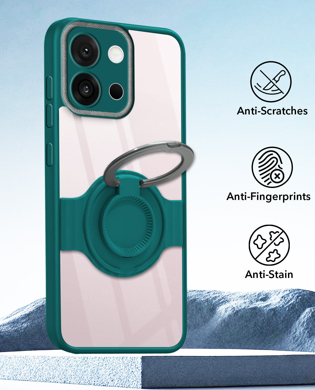 For OnePlus 13S Back Cover Case with stand (Built-in Ring Holder Kickstand | Lifetime Anti Yellow | Camera Protection)