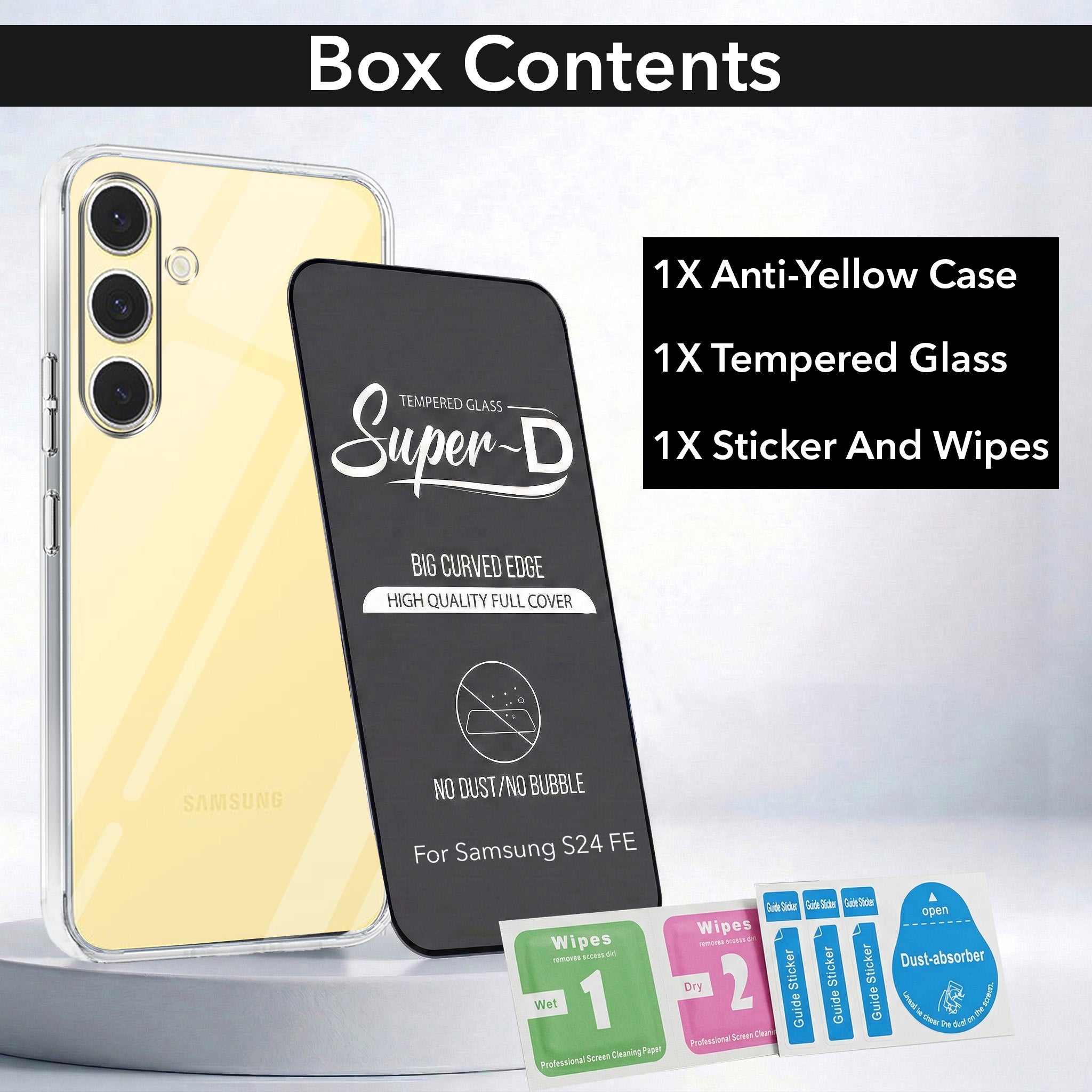For Samsung Galaxy S24 FE Combo with Back Cover and 9H Tempered Glass (Lifetime Anti-Yellow | Sleek Hard Crystal | Oleophobic Coating Screen Glass)