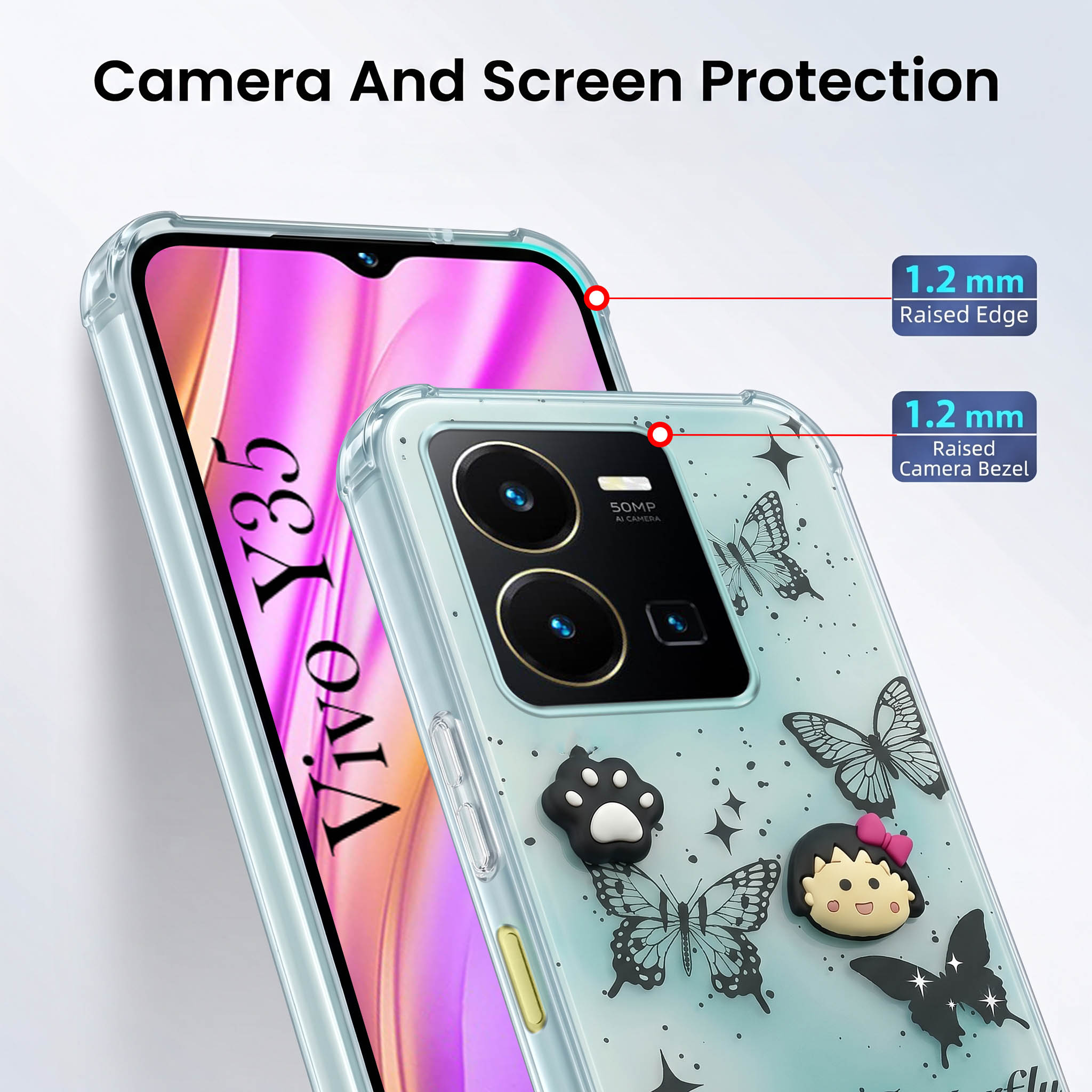 For Vivo Y35 Back Cover Case (3D Cute Cartoons | Hard Back Side Soft | Matte Premium Finish | HD Printing)