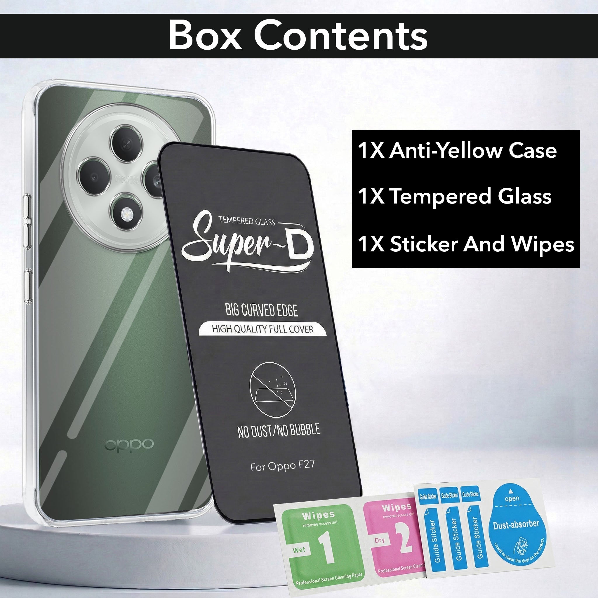 For Oppo F27 5G Combo with Back Cover and 9H Tempered Glass (Lifetime Anti-Yellow | Sleek Hard Crystal | Oleophobic Coating Screen Glass)