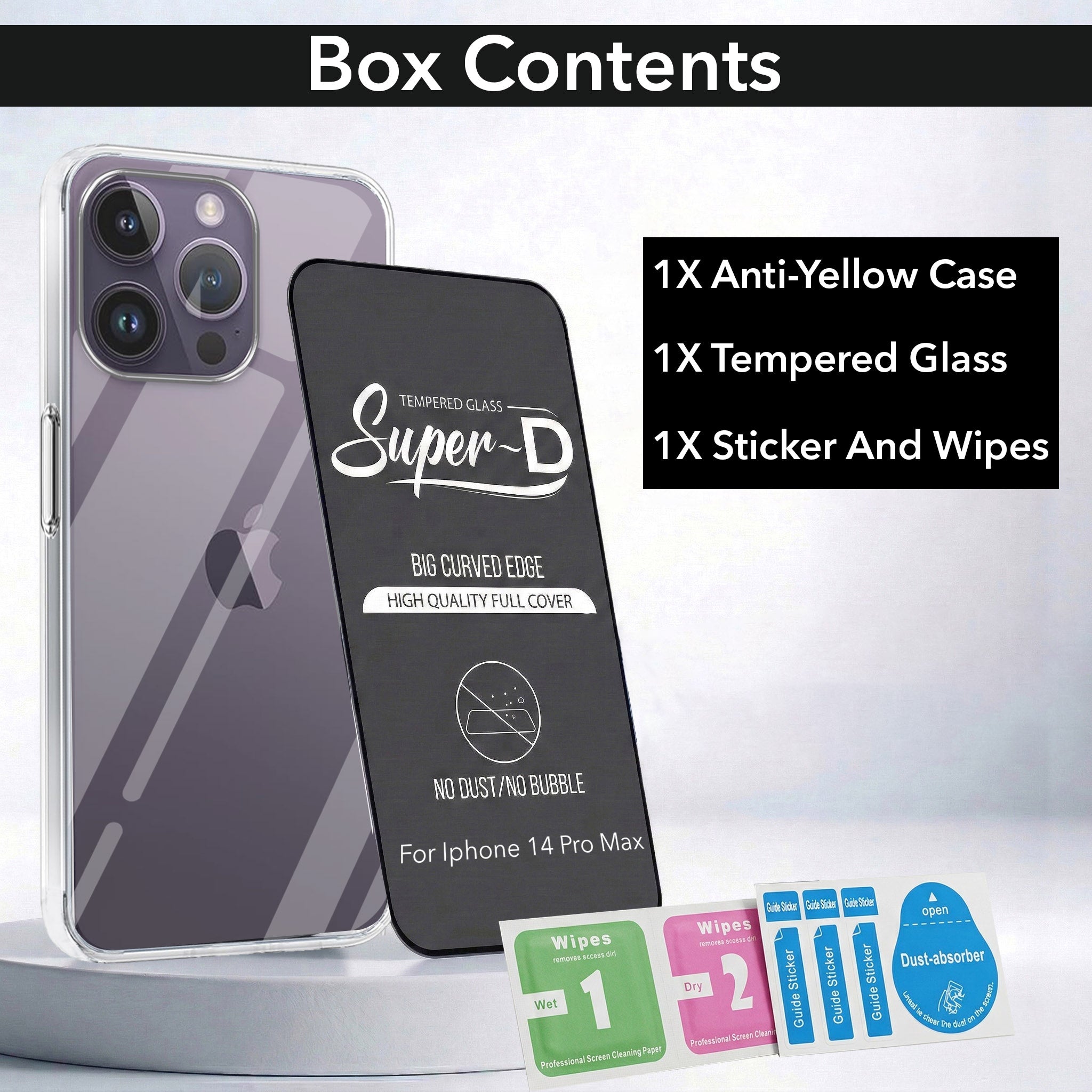 For Apple iPhone 14 Pro Max Combo with Back Cover and 9H Tempered Glass (Lifetime Anti-Yellow | Sleek Hard Crystal | Oleophobic Coating Screen Glass)