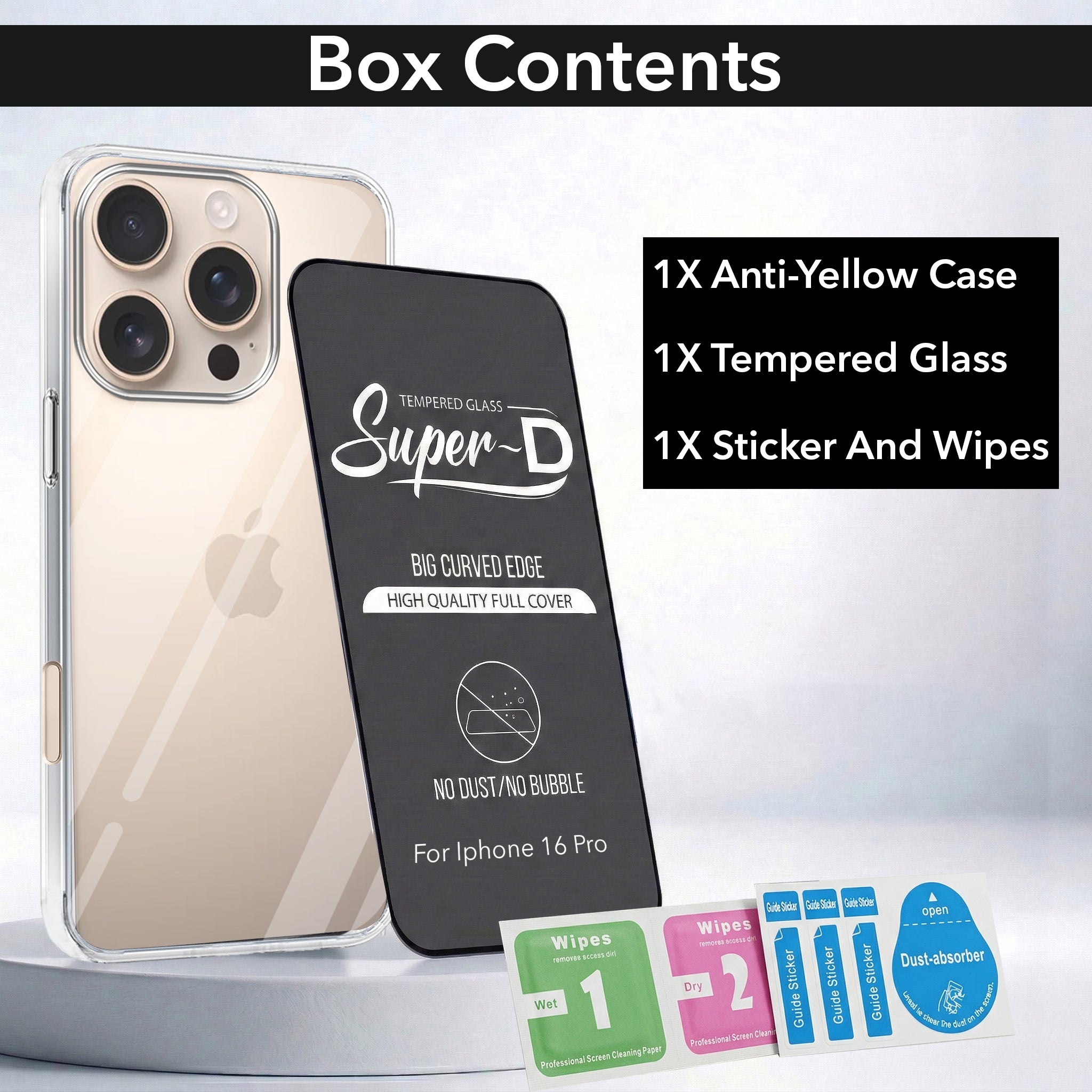 For Apple iPhone 16 Pro Combo with Back Cover and 9H Tempered Glass (Lifetime Anti-Yellow | Sleek Hard Crystal | Oleophobic Coating Screen Glass)