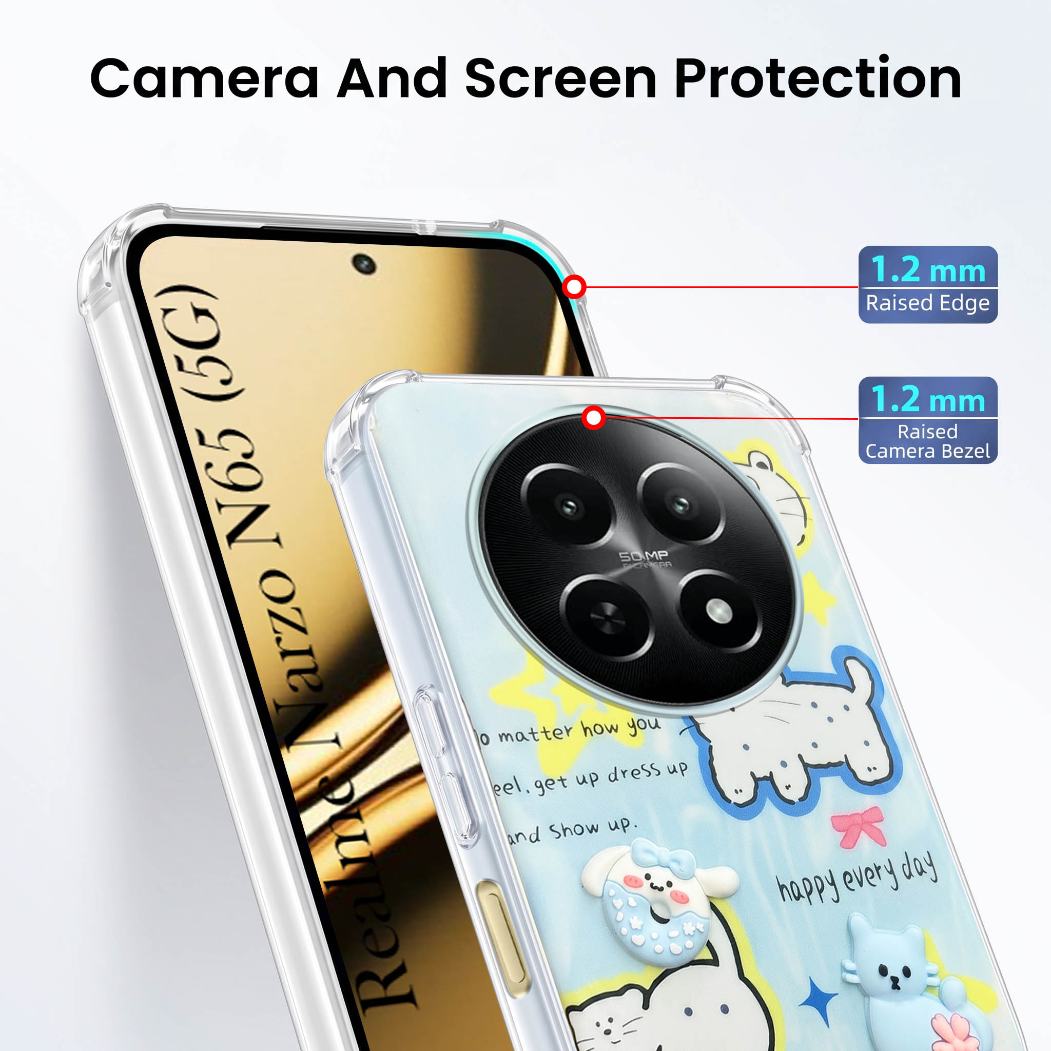 For Realme Narzo N65 5G Back Cover Case (3D Cute Cartoons | Hard Back Side Soft | Matte Premium Finish | HD Printing)