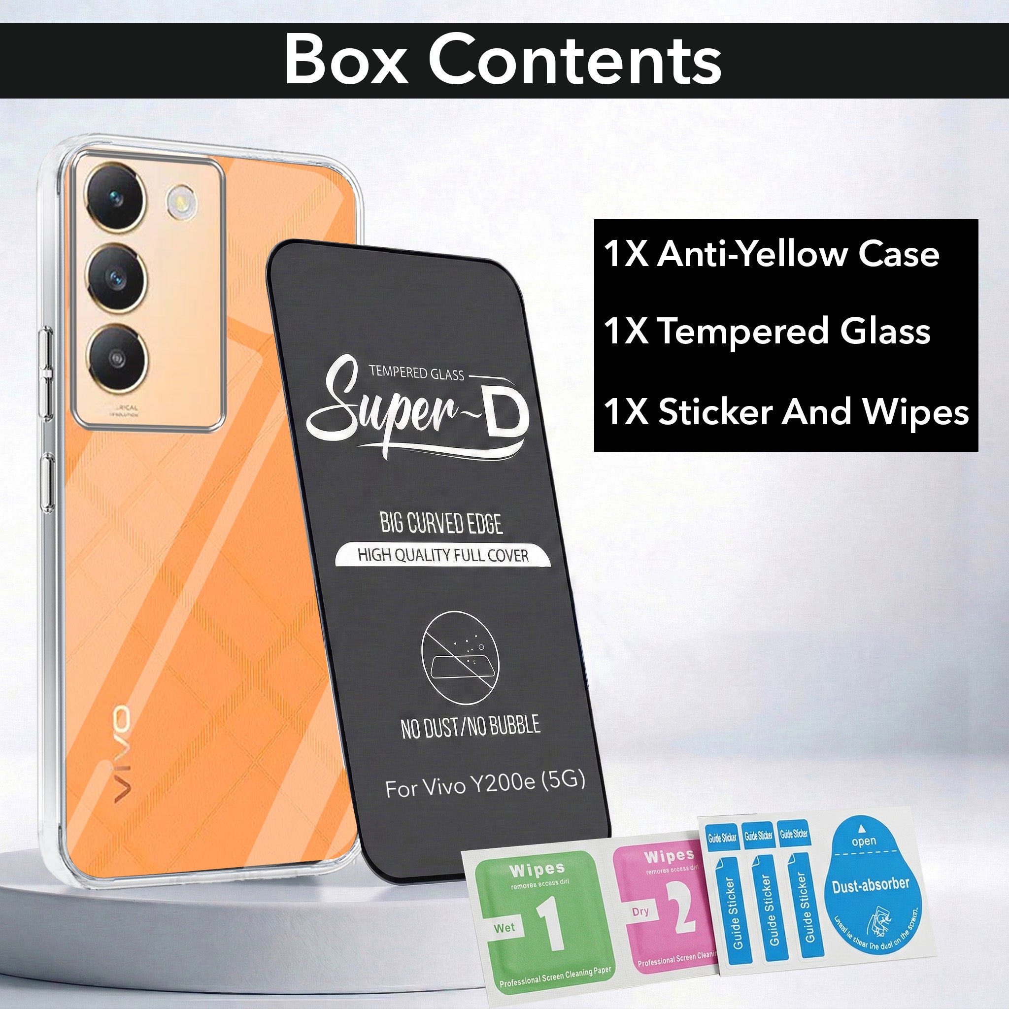 For Vivo Y200e Combo with Back Cover and 9H Tempered Glass (Lifetime Anti-Yellow | Sleek Hard Crystal | Oleophobic Coating Screen Glass)
