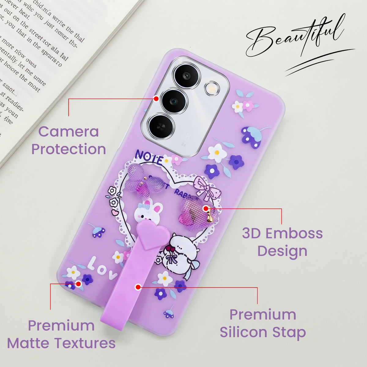 For Realme P4 Lite 5G | Narzo 100 Lite 5G Back Cover Case (3D Cute Heart Strap Holder | Camera Protection | Designer Girls Print)