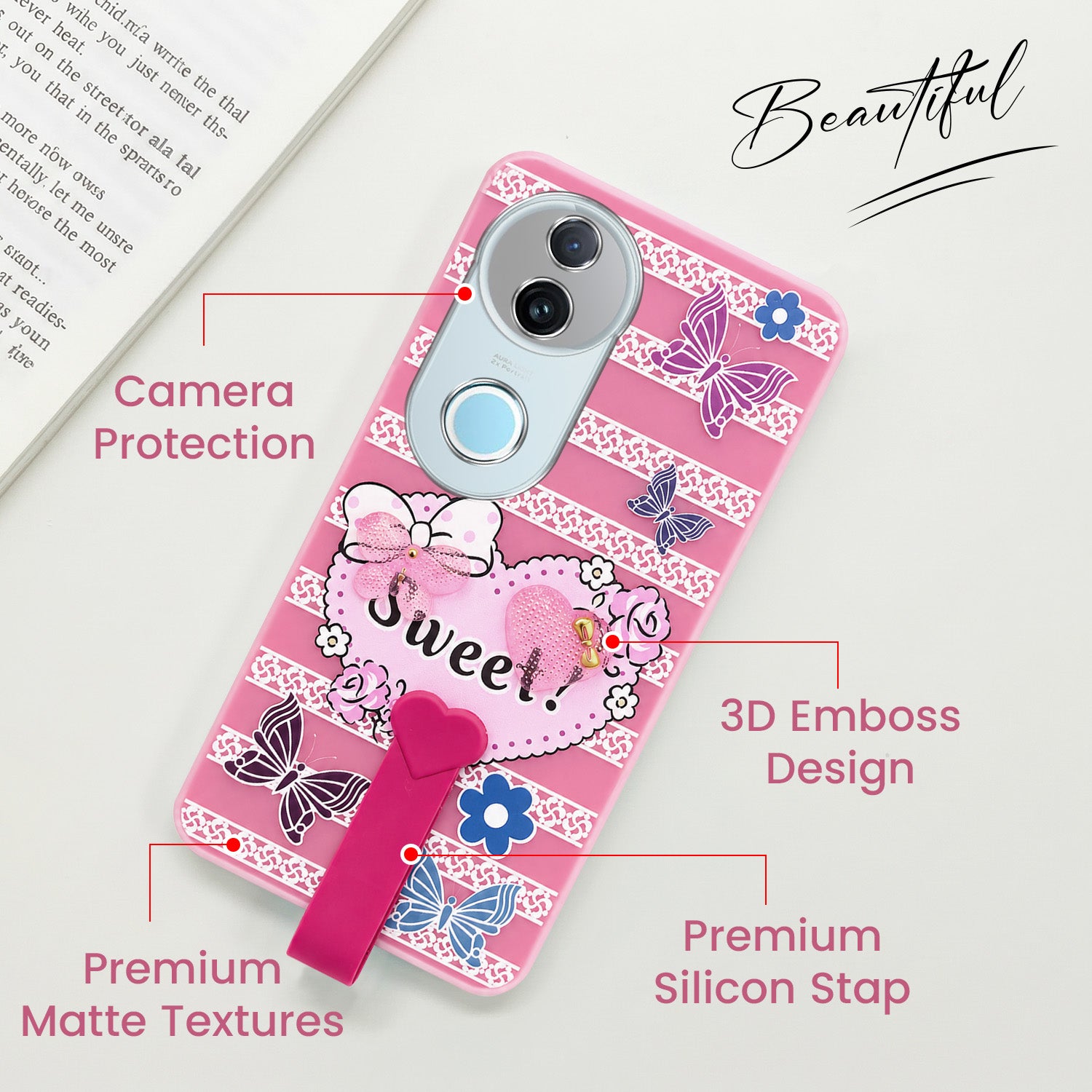 For Vivo iQOO Z10R Back Cover Case (3D Cute Heart Strap Holder | Camera Protection | Designer Girls Print)