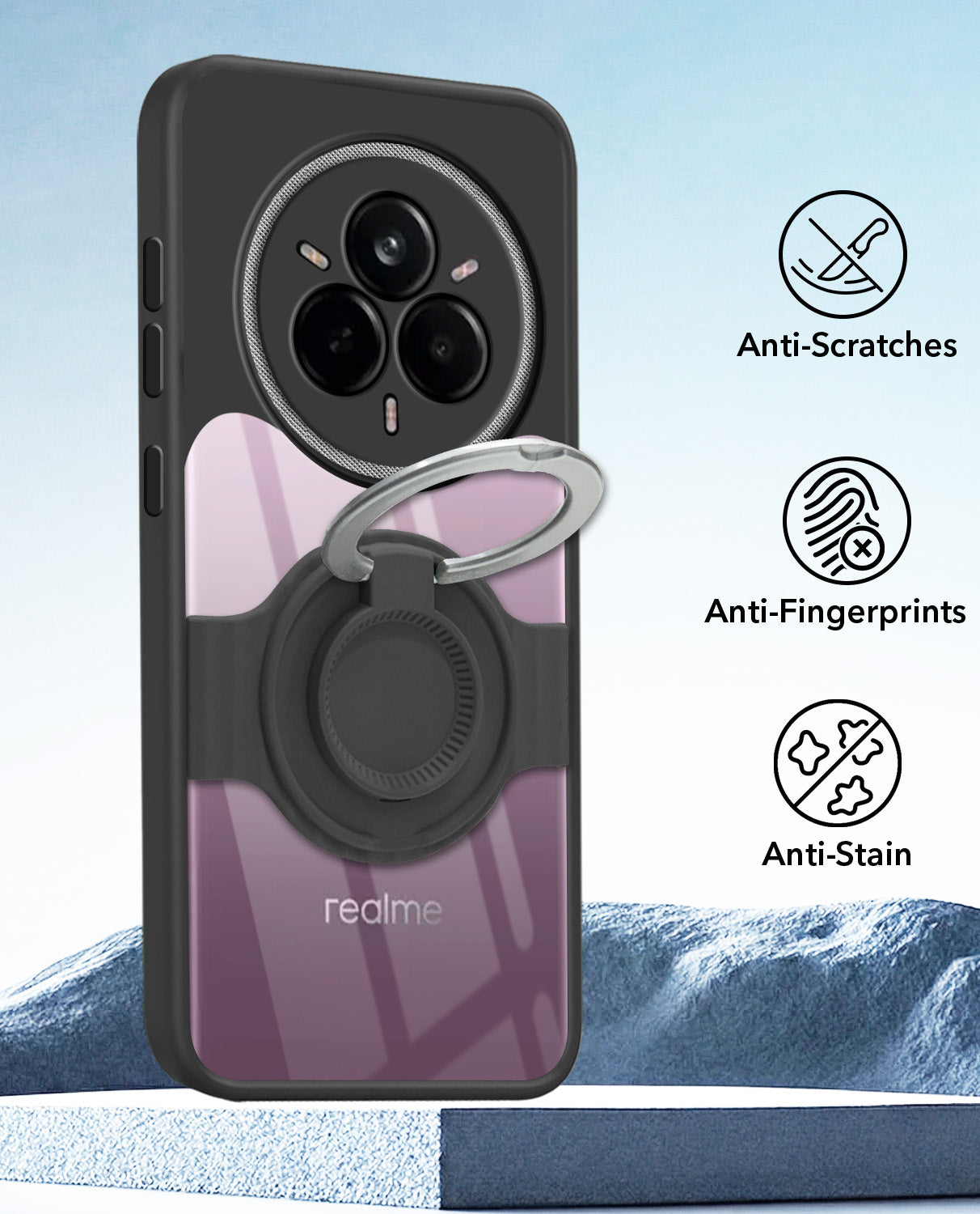 For Realme 14 Pro Back Cover Case with stand (Built-in Ring Holder Kickstand | Lifetime Anti Yellow | Camera Protection)