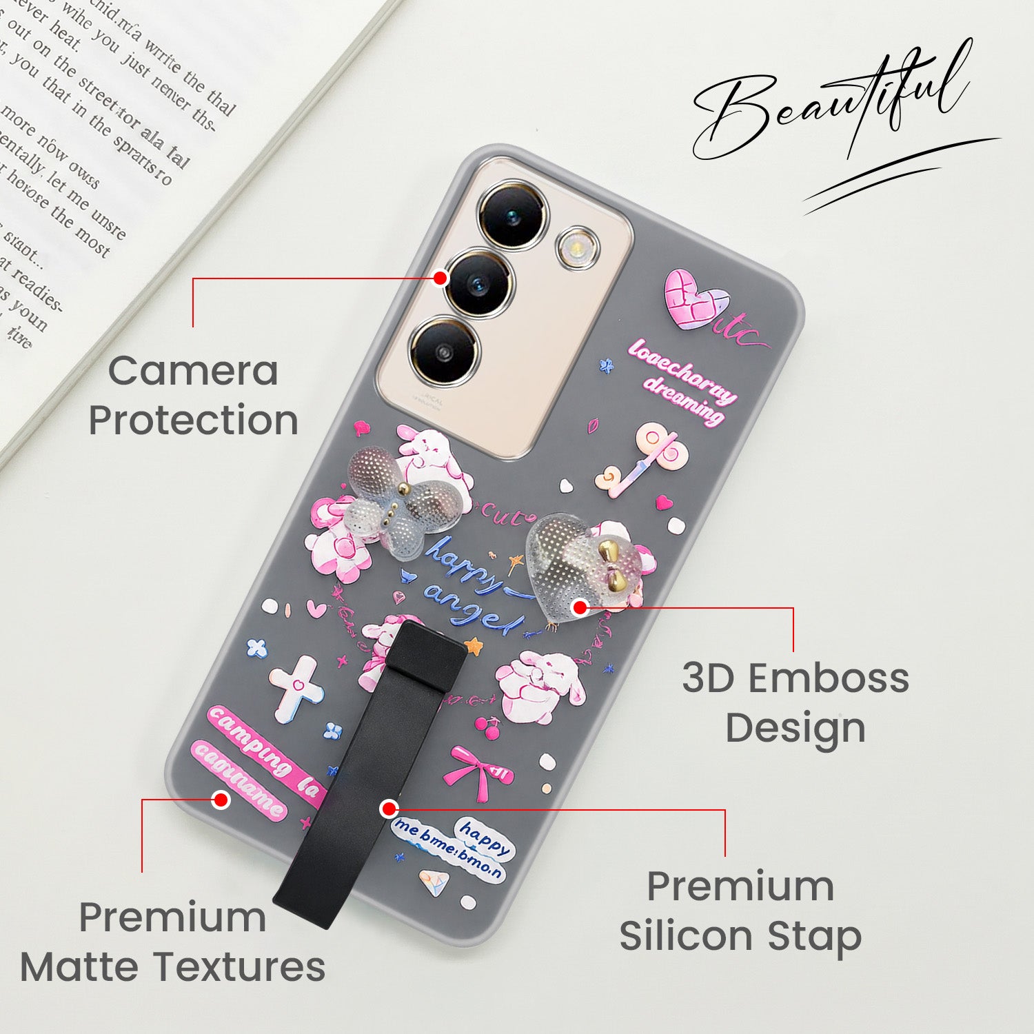 For Vivo Y200e Back Cover Case (3D Cute Heart Strap Holder | Camera Protection | Designer Girls Print)