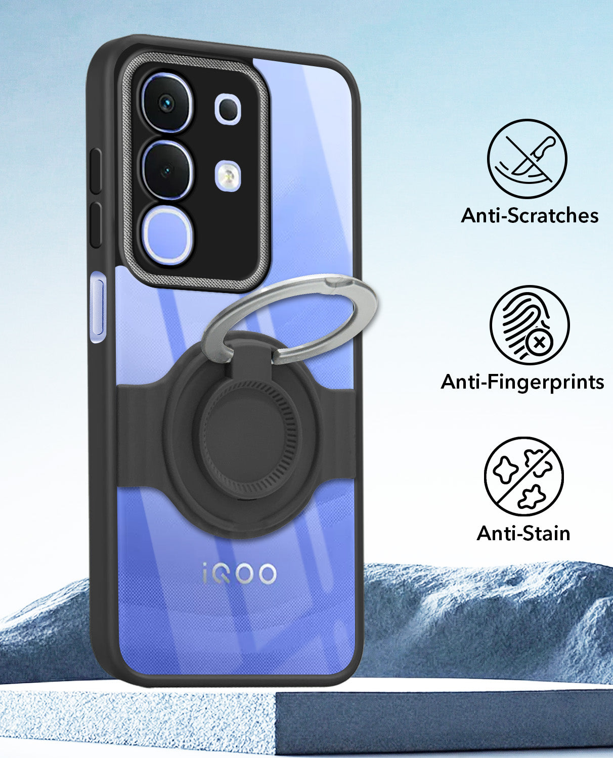 For Vivo iQOO Z10x Back Cover Case with stand (Built-in Ring Holder Kickstand | Lifetime Anti Yellow | Camera Protection)