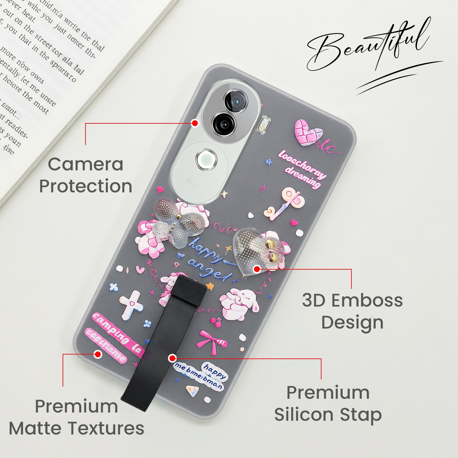 For Vivo iQOO Z9s Back Cover Case (3D Cute Heart Strap Holder | Camera Protection | Designer Girls Print)