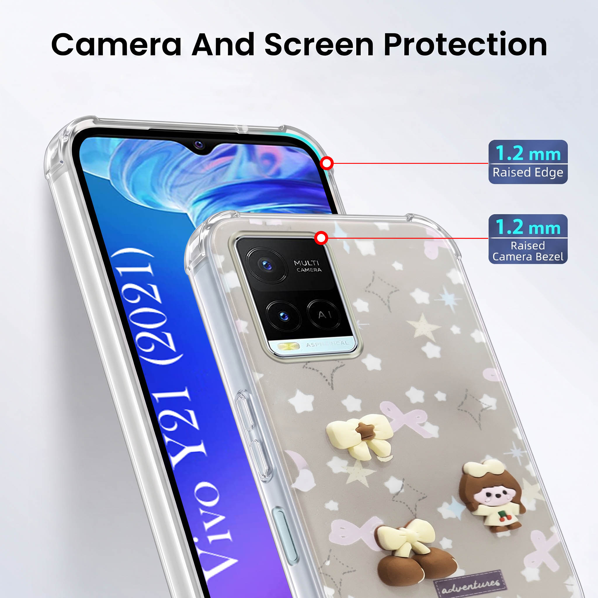 For Vivo Y21 2021 Back Cover Case (3D Cute Cartoons | Hard Back Side Soft | Matte Premium Finish | HD Printing)