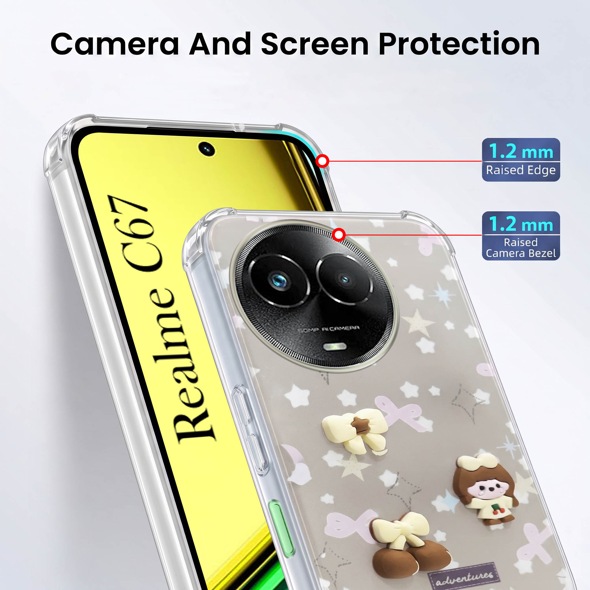 For Realme C67 Back Cover Case (3D Cute Cartoons | Hard Back Side Soft | Matte Premium Finish | HD Printing)