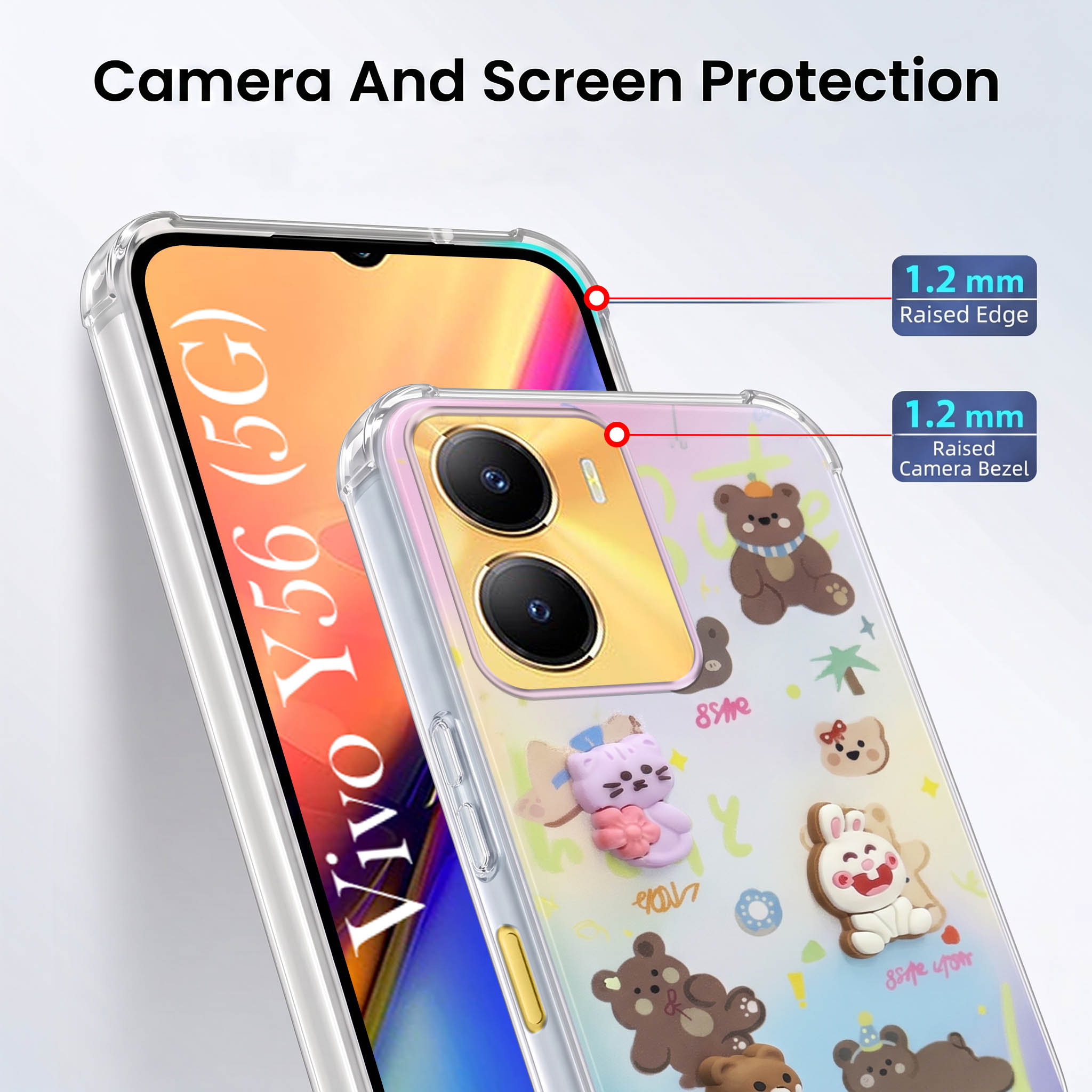 For Vivo Y56 5G Back Cover Case (3D Cute Cartoons | Hard Back Side Soft | Matte Premium Finish | HD Printing)