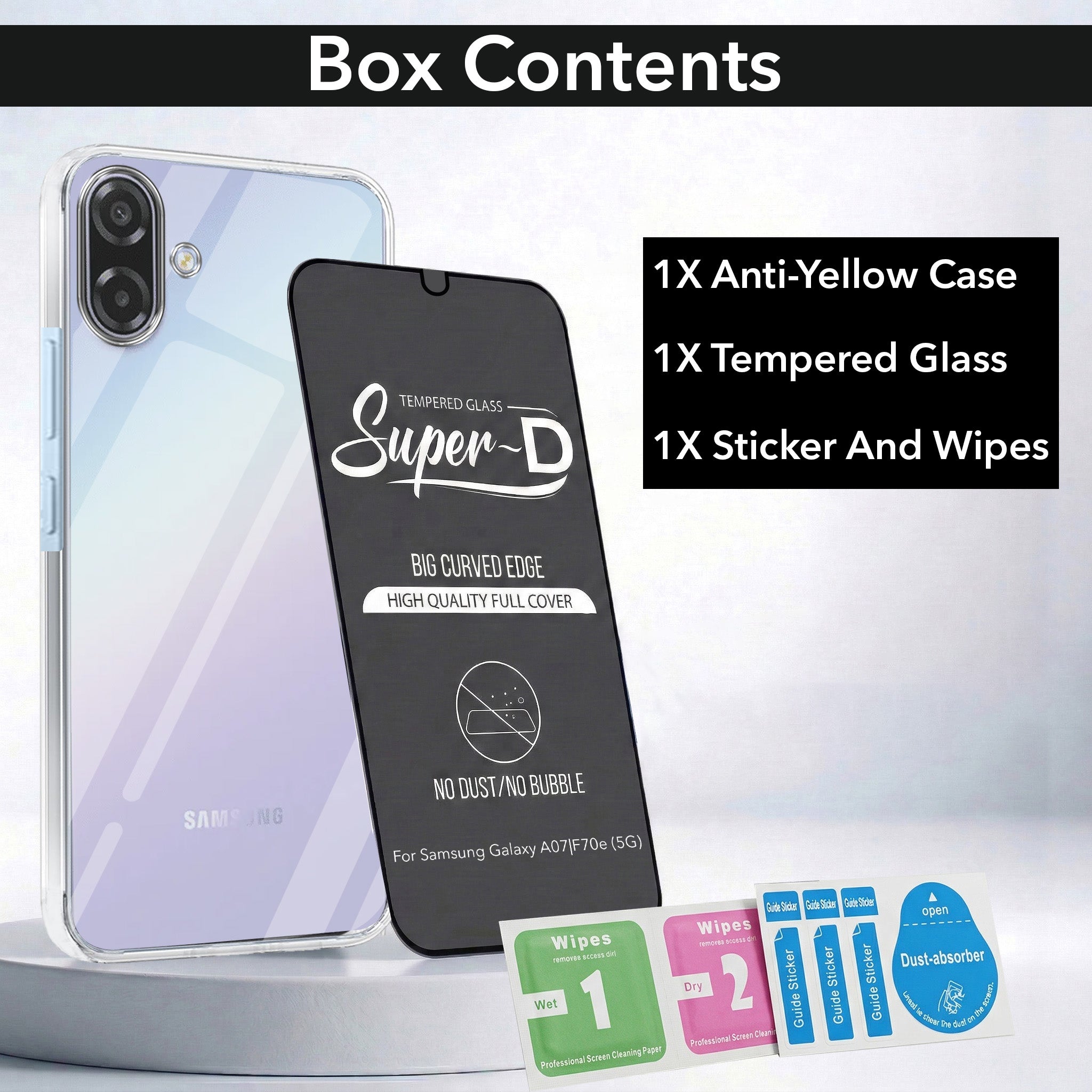 For Samsung Galaxy A07 5G | F70e 5G Combo with Back Cover and 9H Tempered Glass (Lifetime Anti-Yellow | Sleek Hard Crystal | Oleophobic Coating Screen Glass)