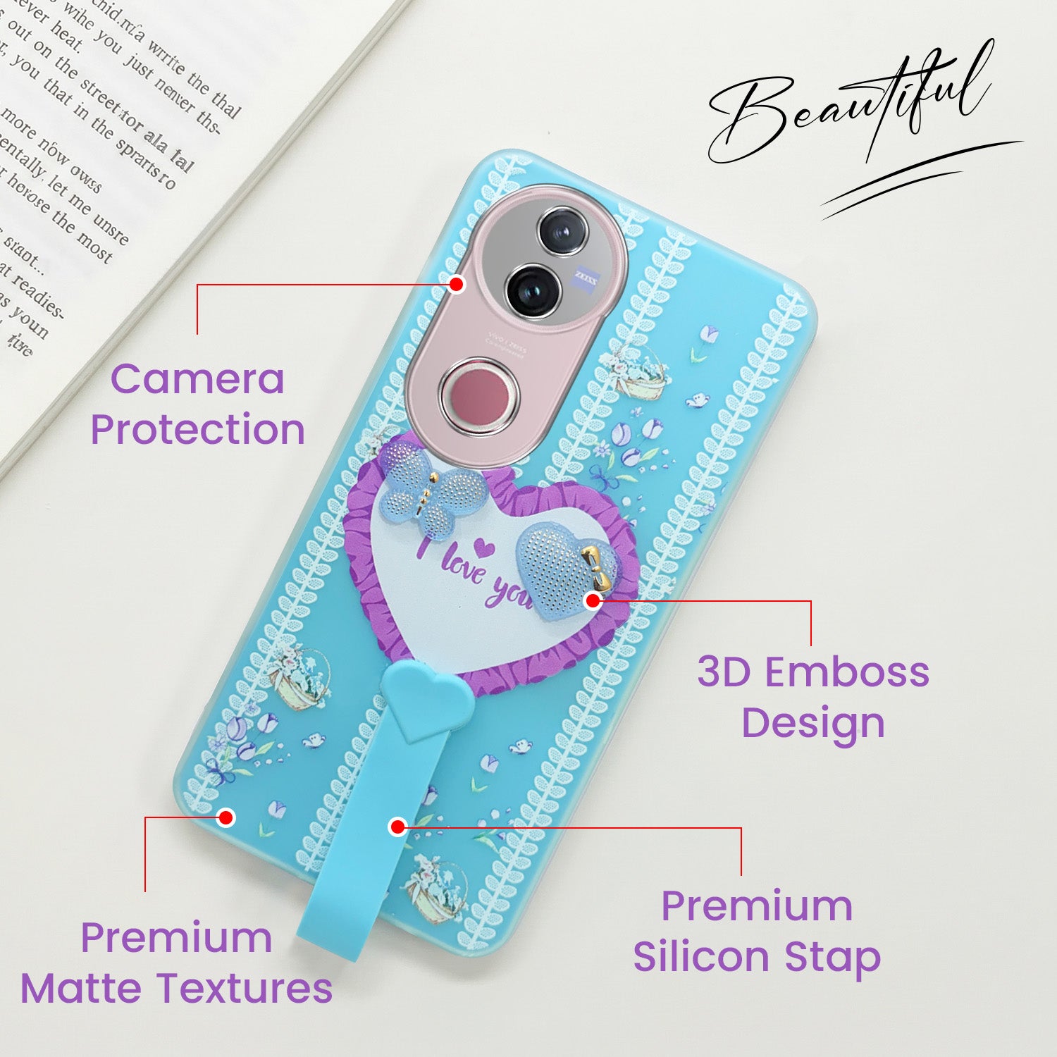 For Vivo V50 | Vivo V50e Back Cover Case (3D Cute Heart Strap Holder | Camera Protection | Designer Girls Print)