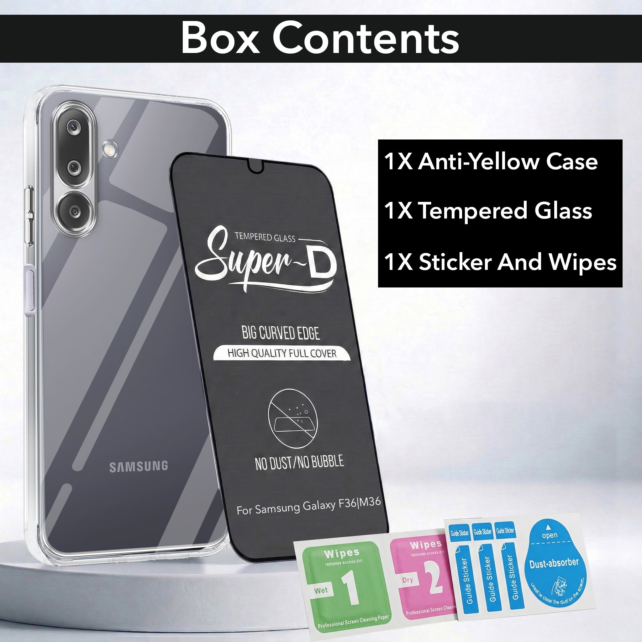 For Samsung Galaxy M36 | Samsung Galaxy F36 Combo with Back Cover and 9H Tempered Glass (Lifetime Anti-Yellow | Sleek Hard Crystal | Oleophobic Coating Screen Glass)