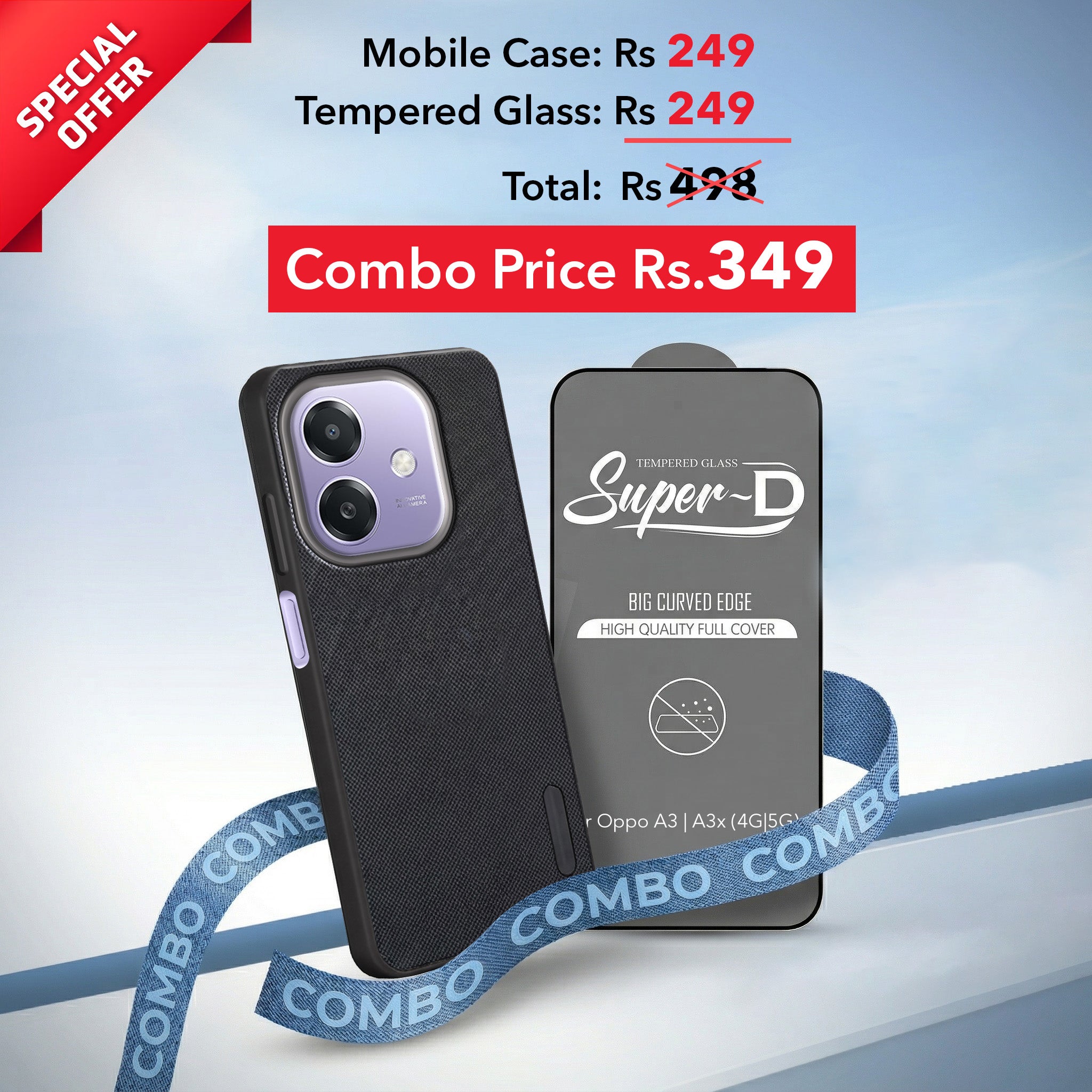 For Oppo A3X (4G/5G) | Oppo A3 5G Combo with Back Cover and 9H Tempered Glass (Textured Grip Design | Micro-Fiber Cloth Inside | Oleophobic Coating Screen Glass)