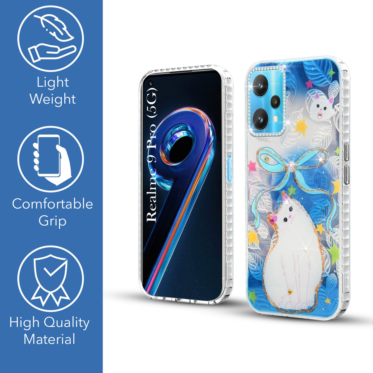 For Realme 9 Pro Back Cover Case (Luxury Floral Glitter Cute Butterfly | Diamond Studded Camera Bump | Girls & Women Design)