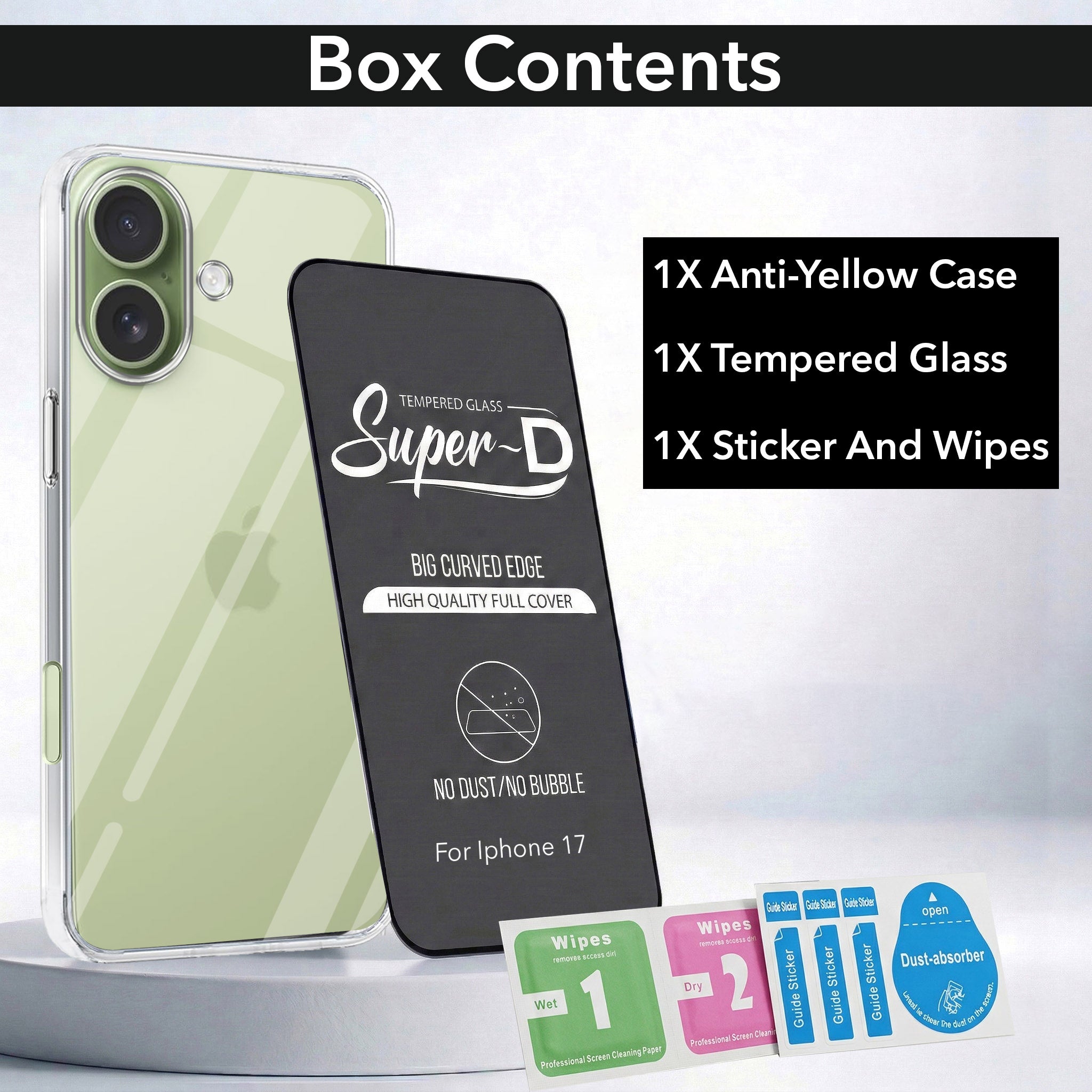 For Apple iPhone 17 Combo with Back Cover and 9H Tempered Glass (Lifetime Anti-Yellow | Sleek Hard Crystal | Oleophobic Coating Screen Glass)