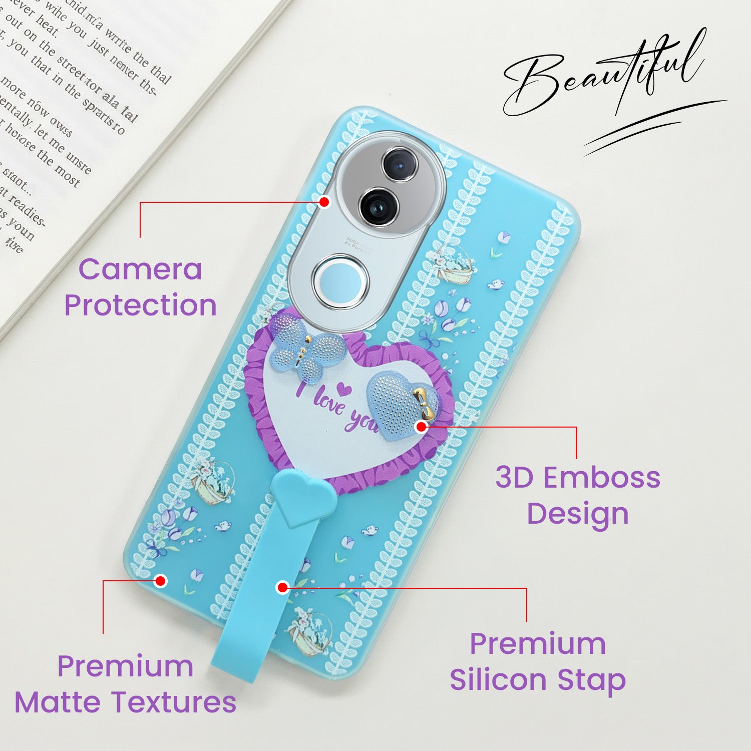 For Vivo iQOO Z10R Back Cover Case (3D Cute Heart Strap Holder | Camera Protection | Designer Girls Print)