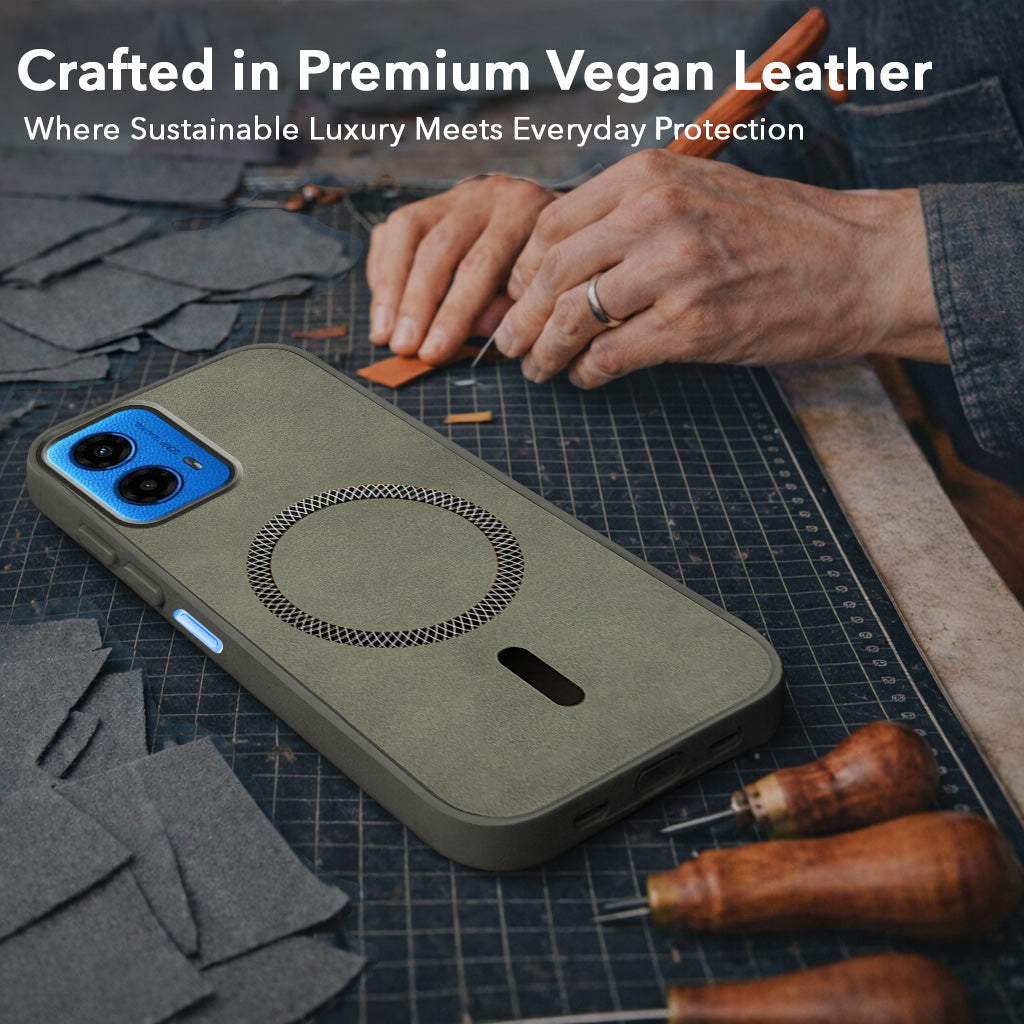 For Motorola Moto G45 Back Cover Case Leather Finish (MagSafe Compatible Wireless Charging | Soft Touch | Camera Bump Protection)