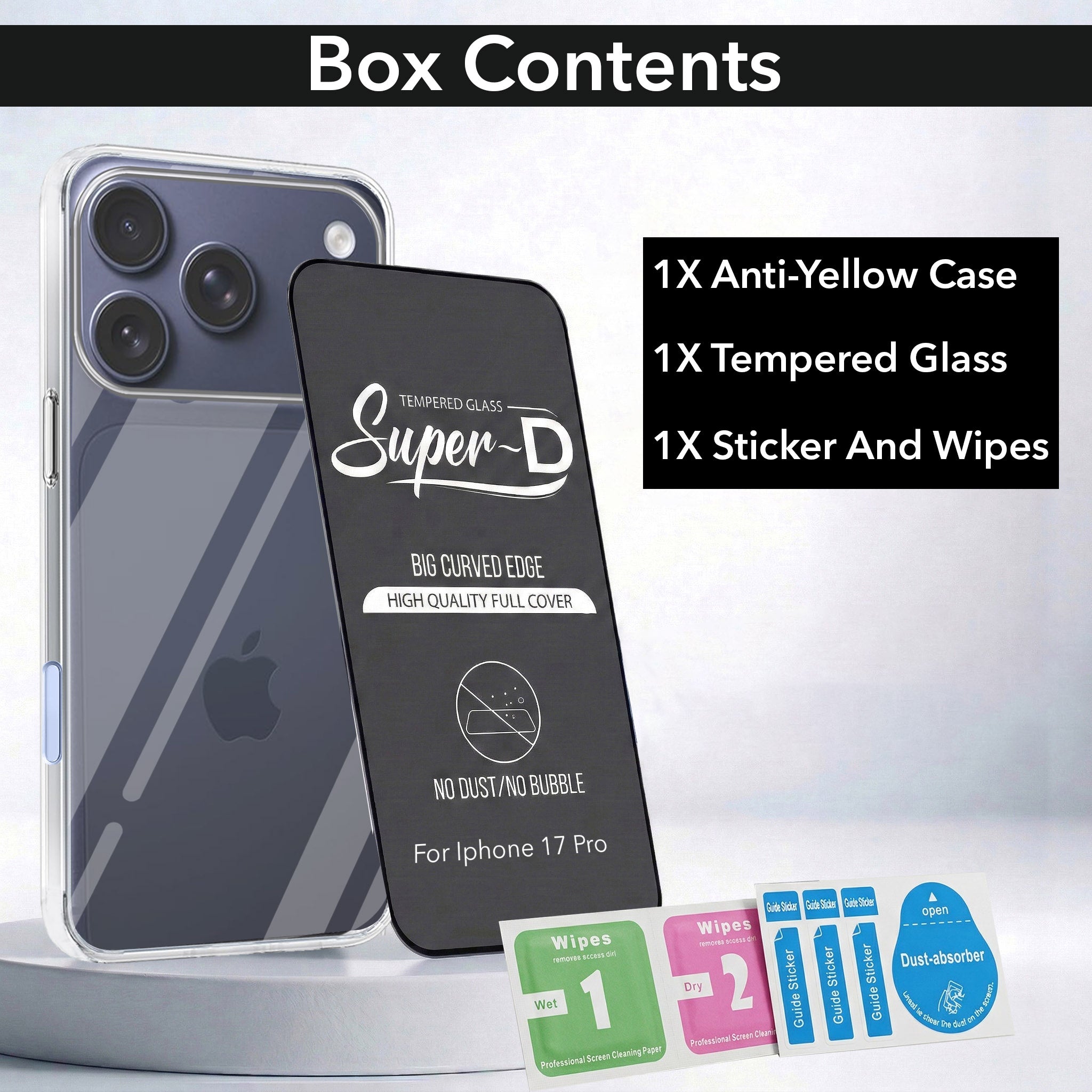 For Apple iPhone 17 Pro Combo with Back Cover and 9H Tempered Glass (Lifetime Anti-Yellow | Sleek Hard Crystal | Oleophobic Coating Screen Glass)