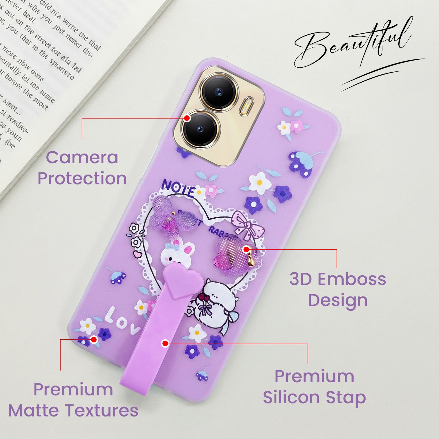 For Vivo Y56 5G Back Cover Case (3D Cute Heart Strap Holder | Camera Protection | Designer Girls Print)
