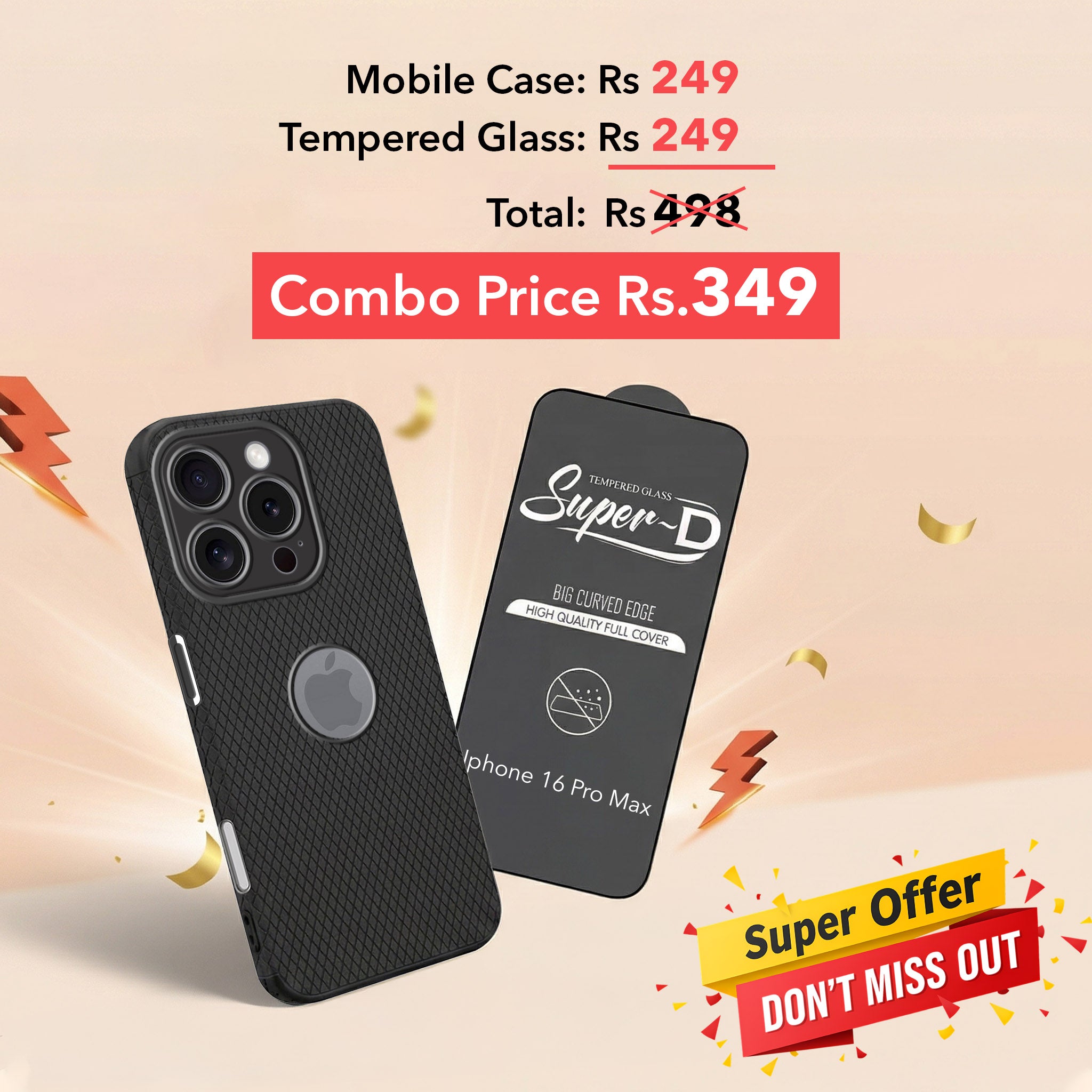 For Apple iPhone 16 Pro Max Combo with Back Cover and 9H Tempered Glass (Liquid Silicone | Camera Protection | Oleophobic Coating Screen Glass)