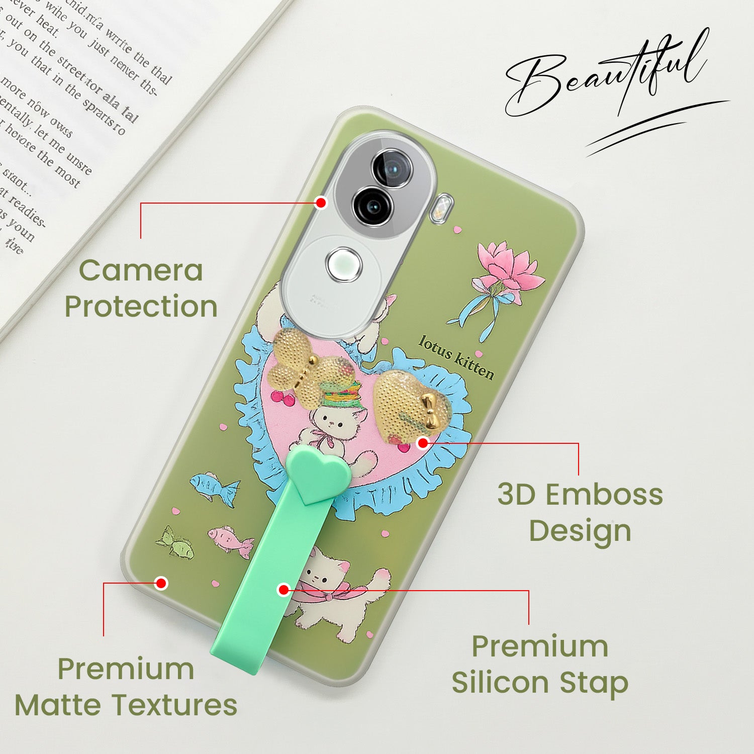 For Vivo iQOO Z9s Back Cover Case (3D Cute Heart Strap Holder | Camera Protection | Designer Girls Print)