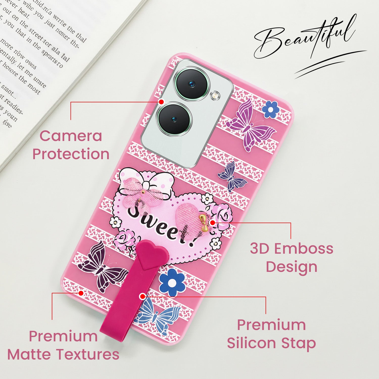 For Vivo Y18 | Y18e | Y03 | Y18i | Y18t Back Cover Case (3D Cute Heart Strap Holder | Camera Protection | Designer Girls Print)