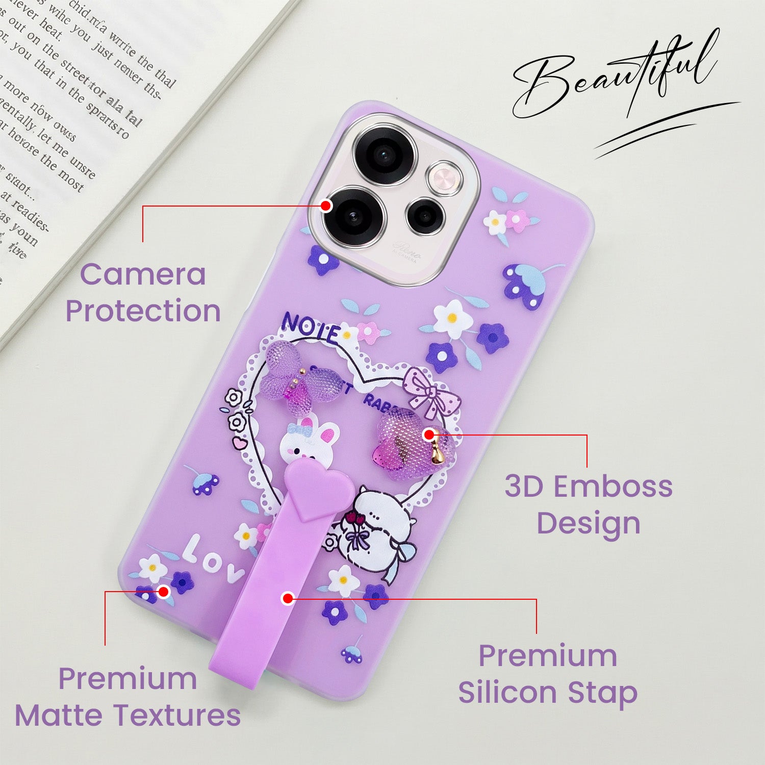 For Oppo Reno 15c Back Cover Case (3D Cute Heart Strap Holder | Camera Protection | Designer Girls Print)