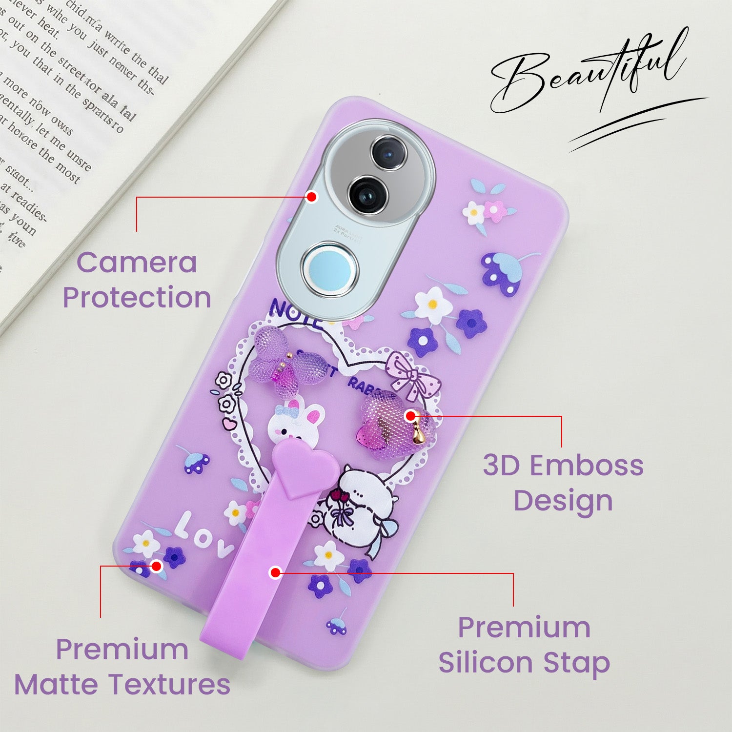 For Vivo iQOO Z10R Back Cover Case (3D Cute Heart Strap Holder | Camera Protection | Designer Girls Print)